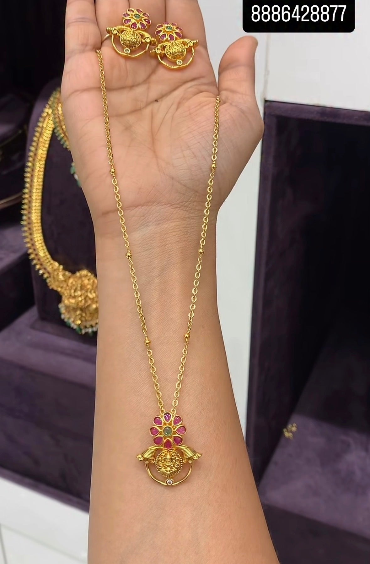 Beautiful Lakshmidevi Idol Pendent set With Chandraharam Chain