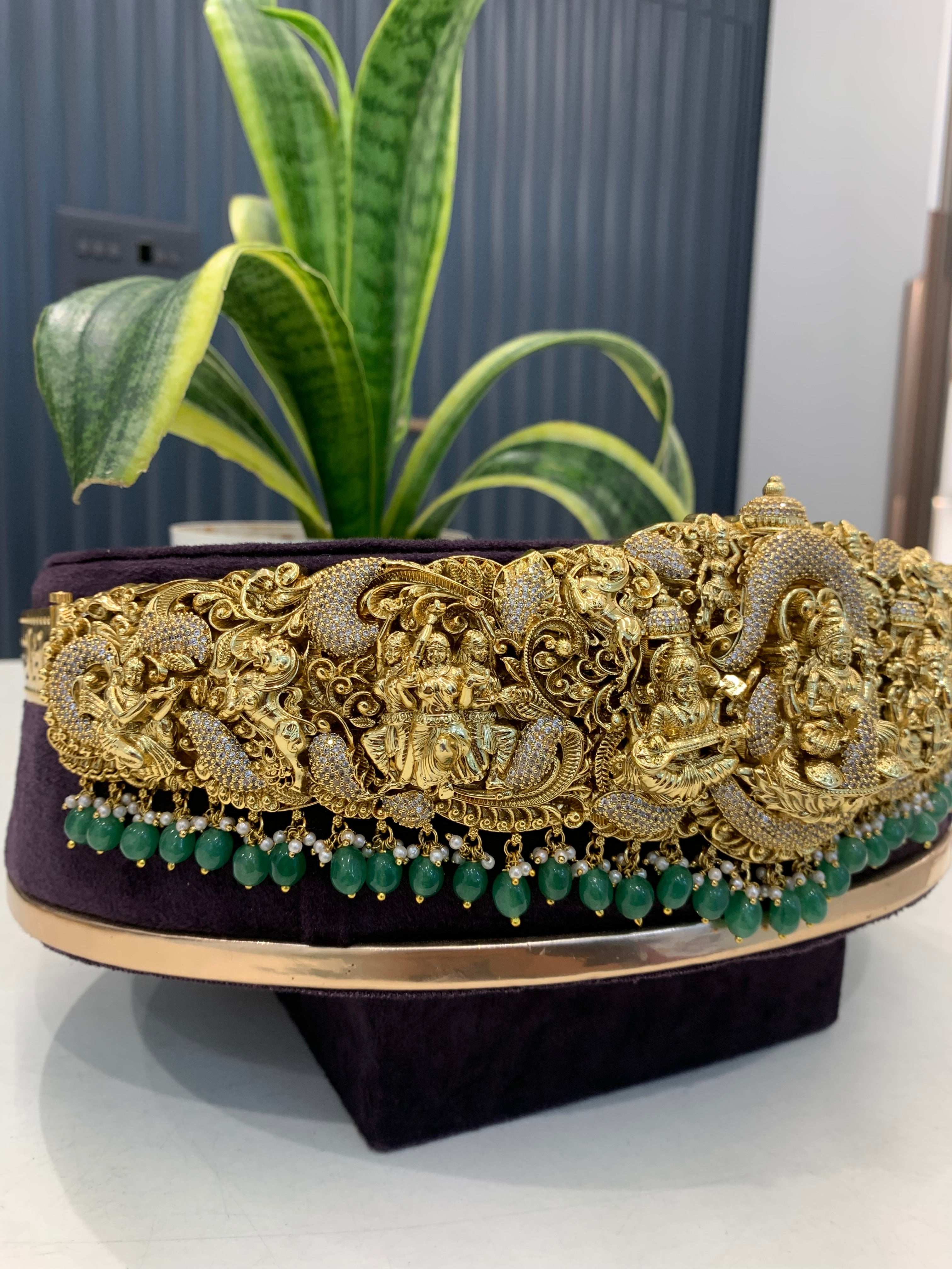 Beautiful Heavy 3D Nakshi Vadanam with Aqua Green Beads