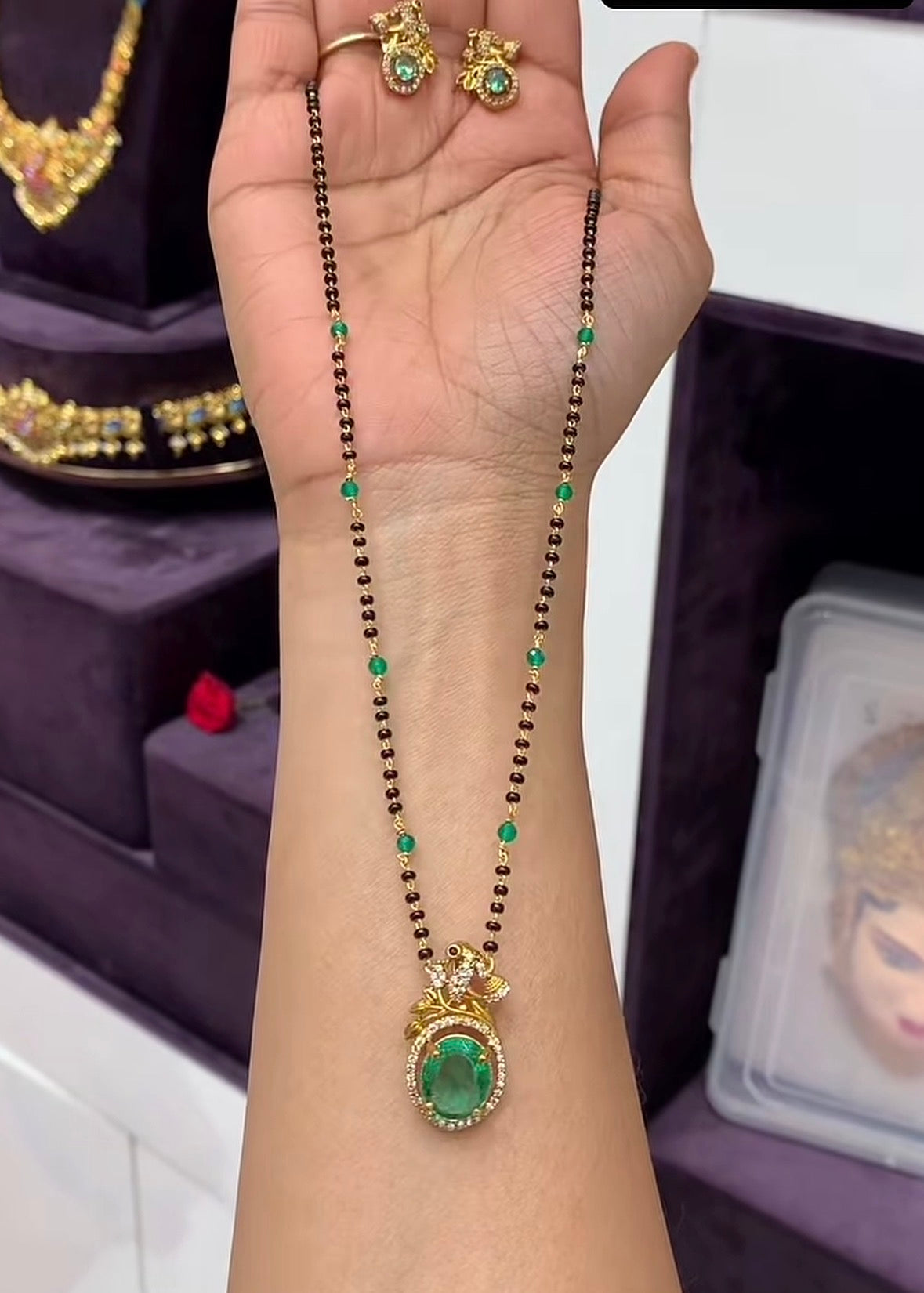 Beautiful Green stone Pendent Set with Customised Blackbeads Chain