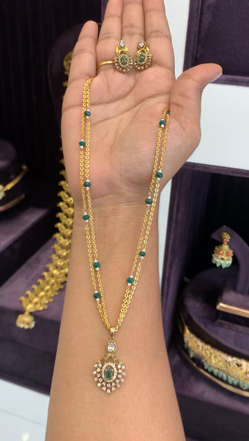 Green stone locket set with handmade chain 2 line