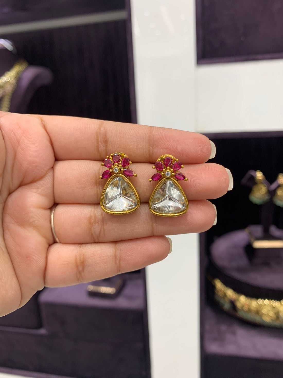 Beautiful polki style moissanite stone studs