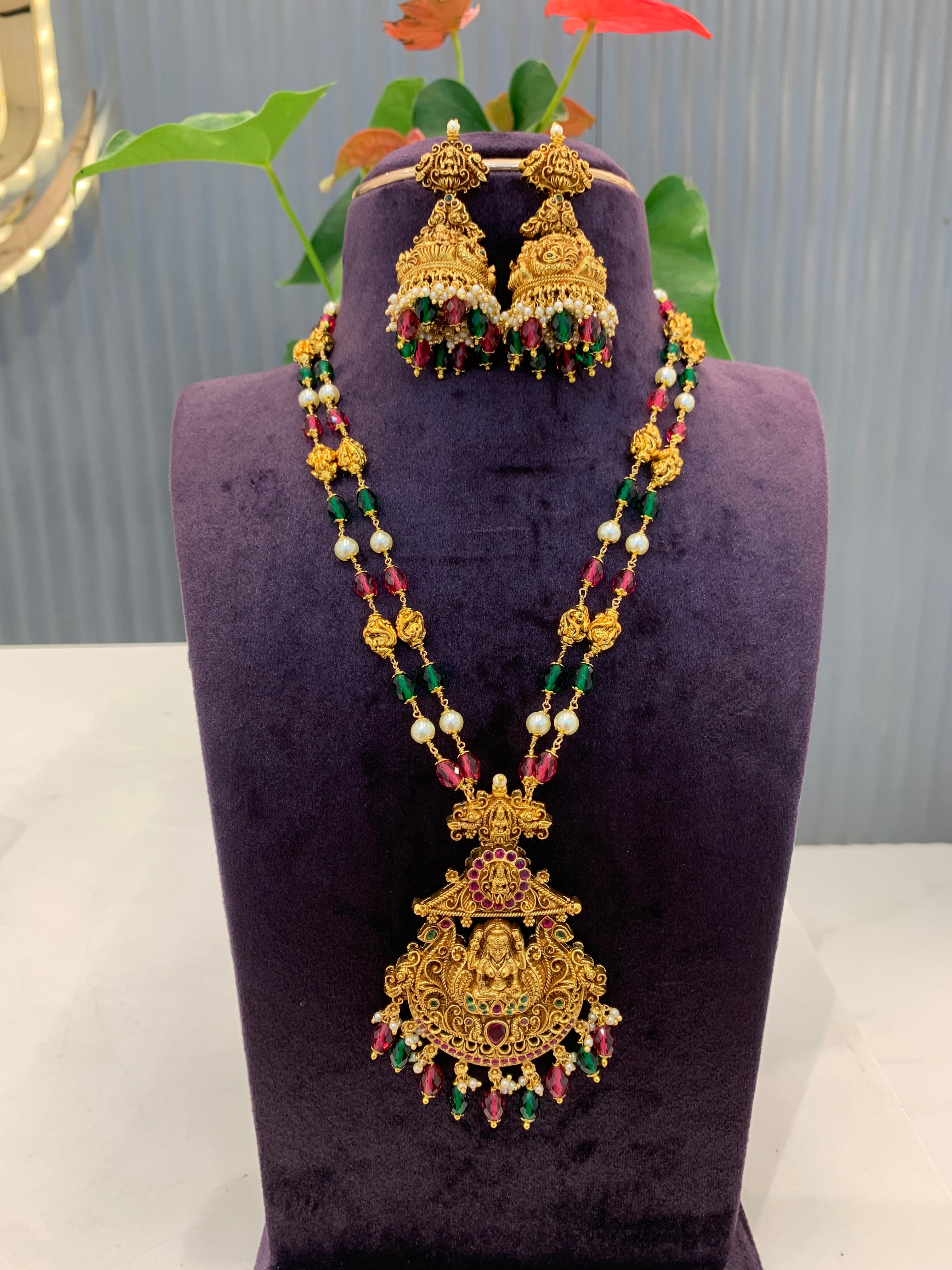 Beautiful Heavy Beads set with Nakshi 3D locket set with premium cz crystals Danda