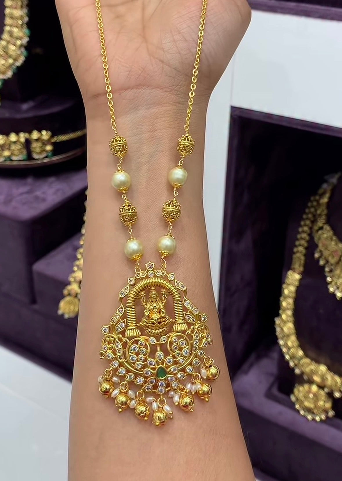 Beautiful Lakshmidevi Locket With Stylish Chandraharam Chain