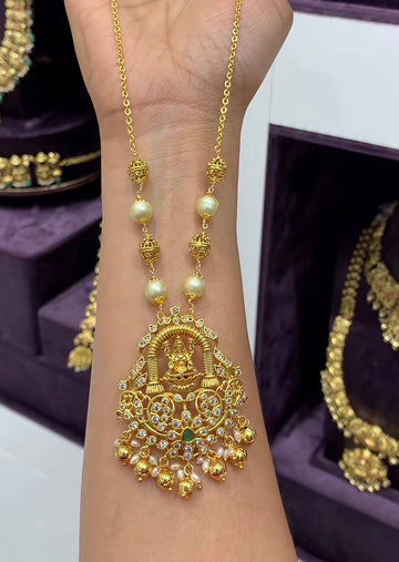 Beautiful Lakshmidevi Locket With Stylish Chandraharam Chain
