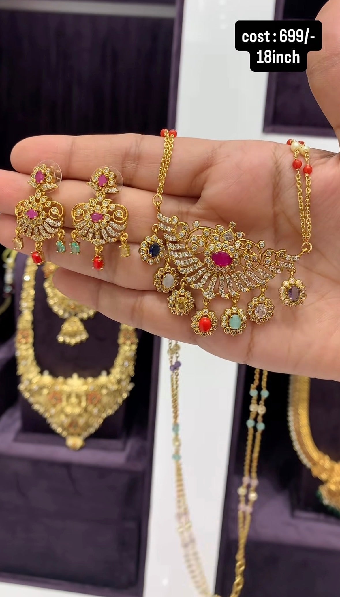 Beautiful Navarathana Pendent With stylish Chandraharam Chain