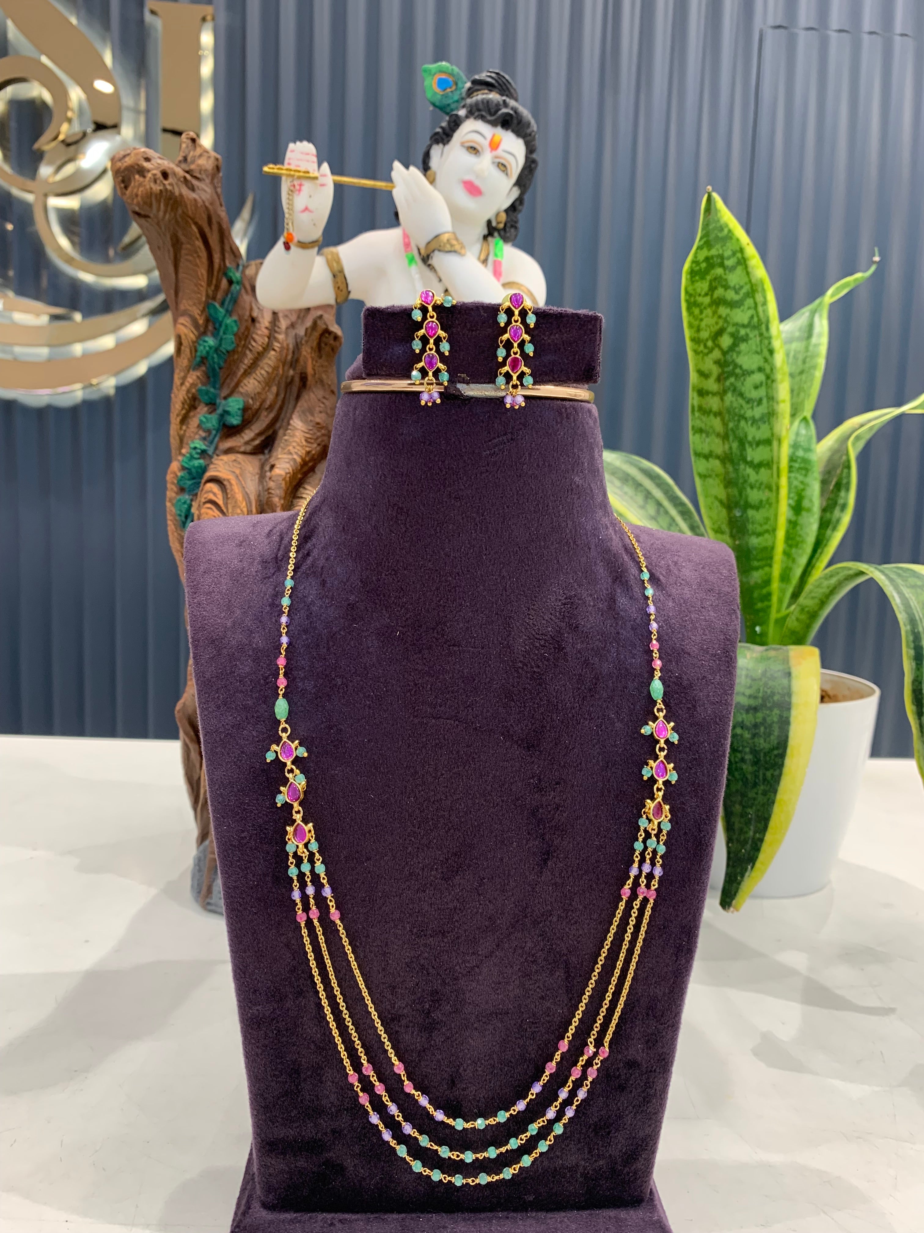 Beautiful customised 3 line chandraharam set with earrings