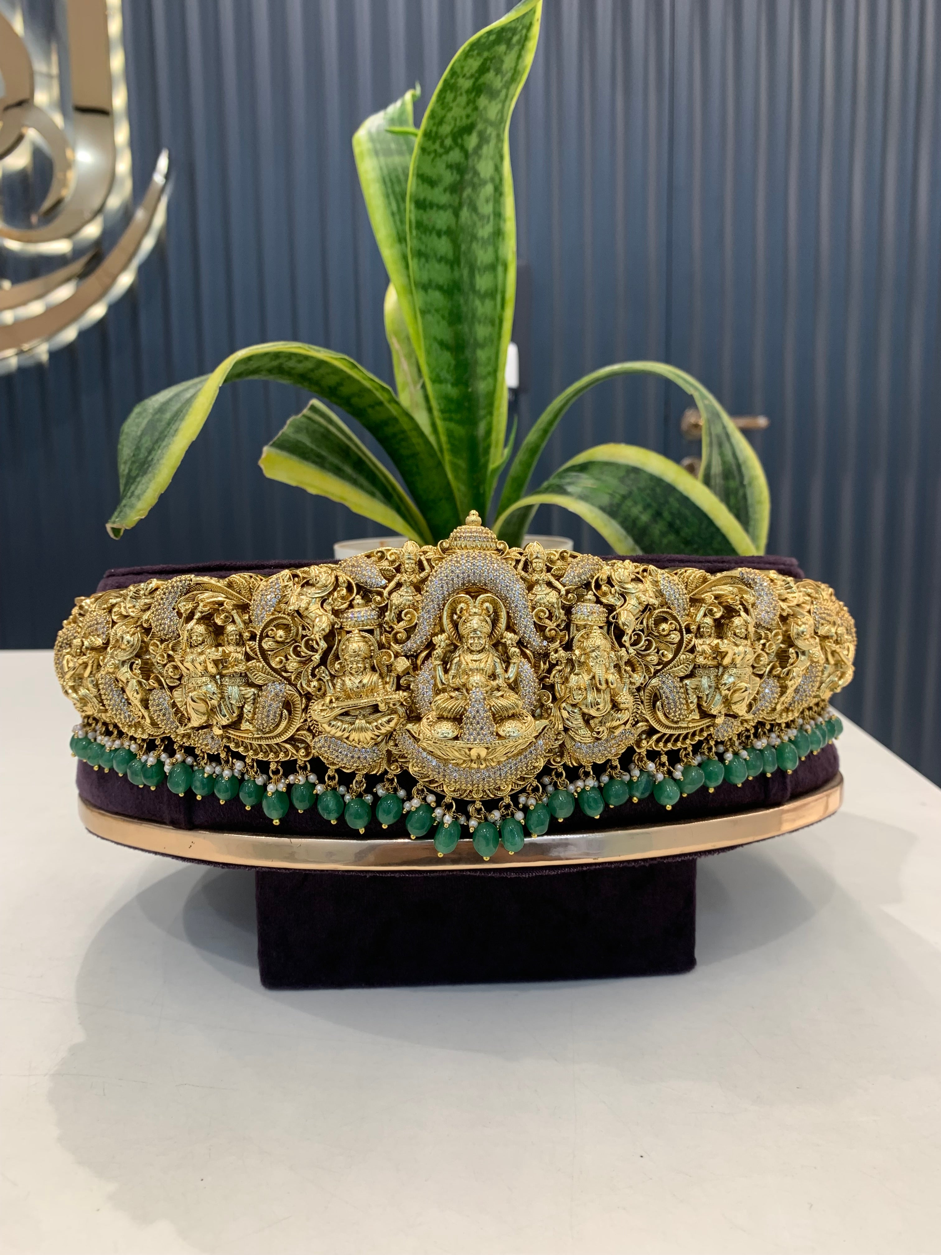 Beautiful Heavy 3D Nakshi Vadanam with Aqua Green Beads