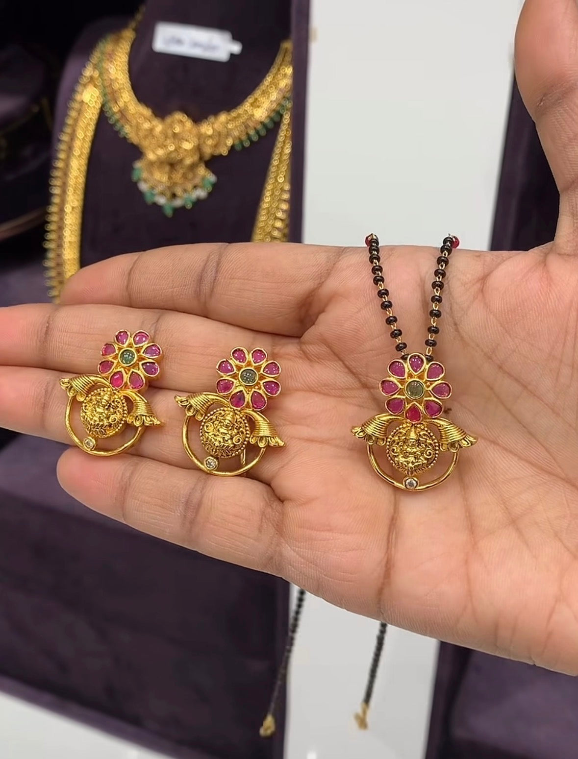 Beautiful Lakshmidevi Idol Pendent set With Customised Blackbeads