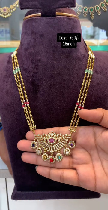 Beautiful Navarathana stone pendent with 3line Chandraharam 18inches