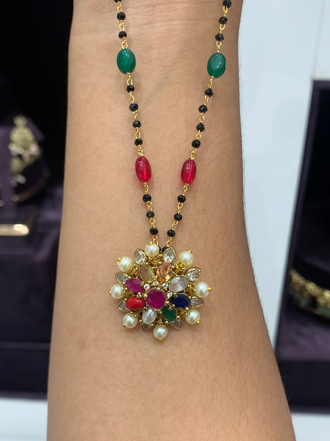 Beautiful Navarathna locket with Navarathna Black beads