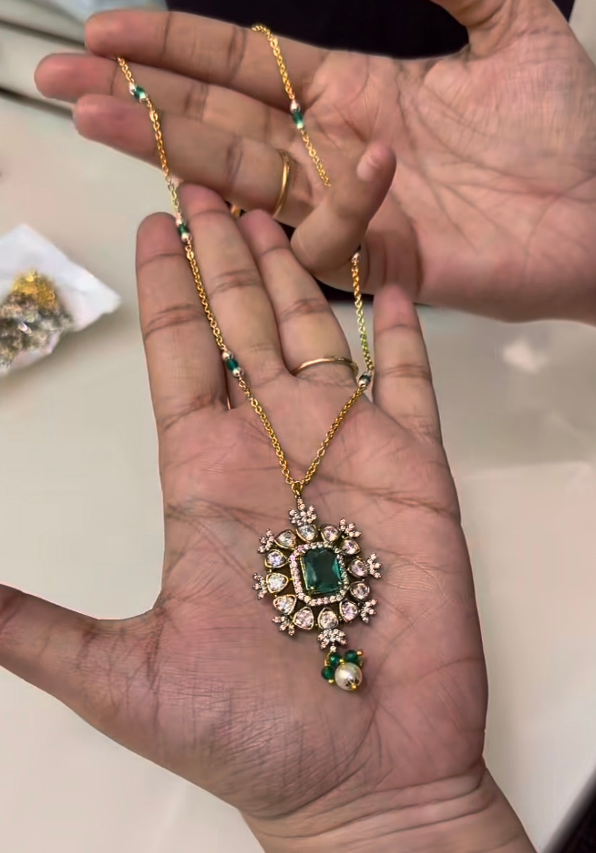 Beautiful Greenstone Locket with Customised Chandraharam Chain (18 inches)