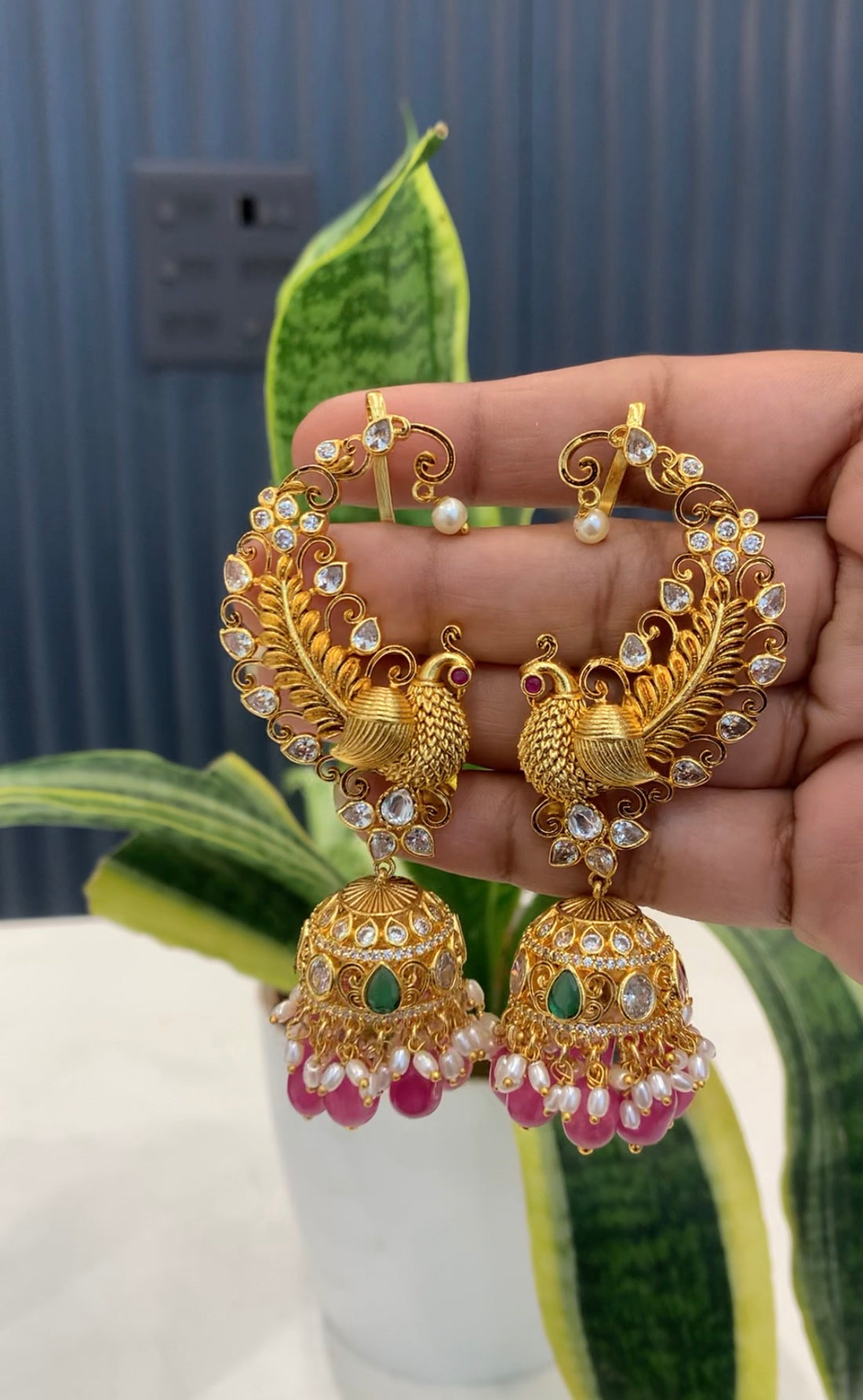Beautiful Peacock Earcuffs with onion Pink Beads