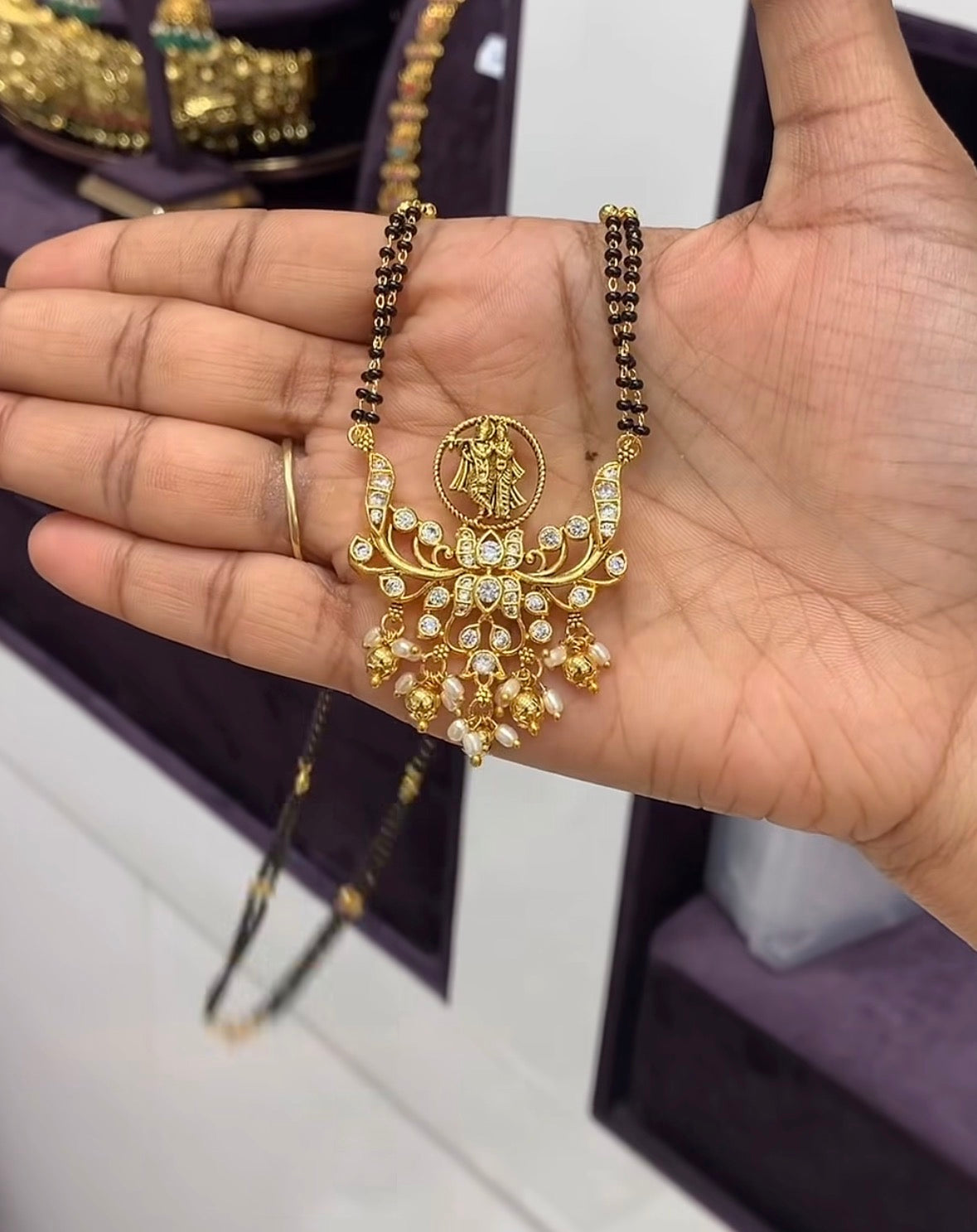 Beautiful Radha Krishna Pendent with Customised 2line Blackbeads Chain (24 inches)