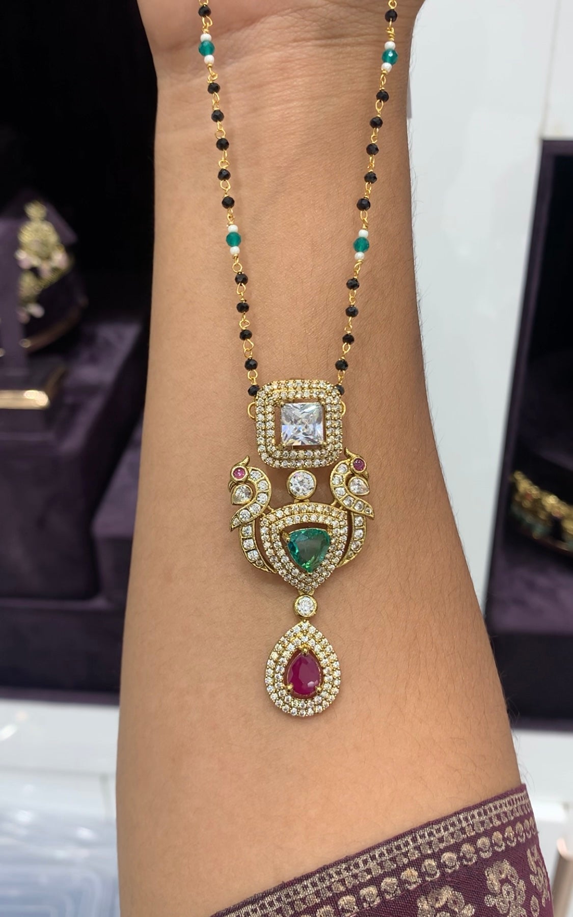 Beautiful Daimond replica locket set with Black beads