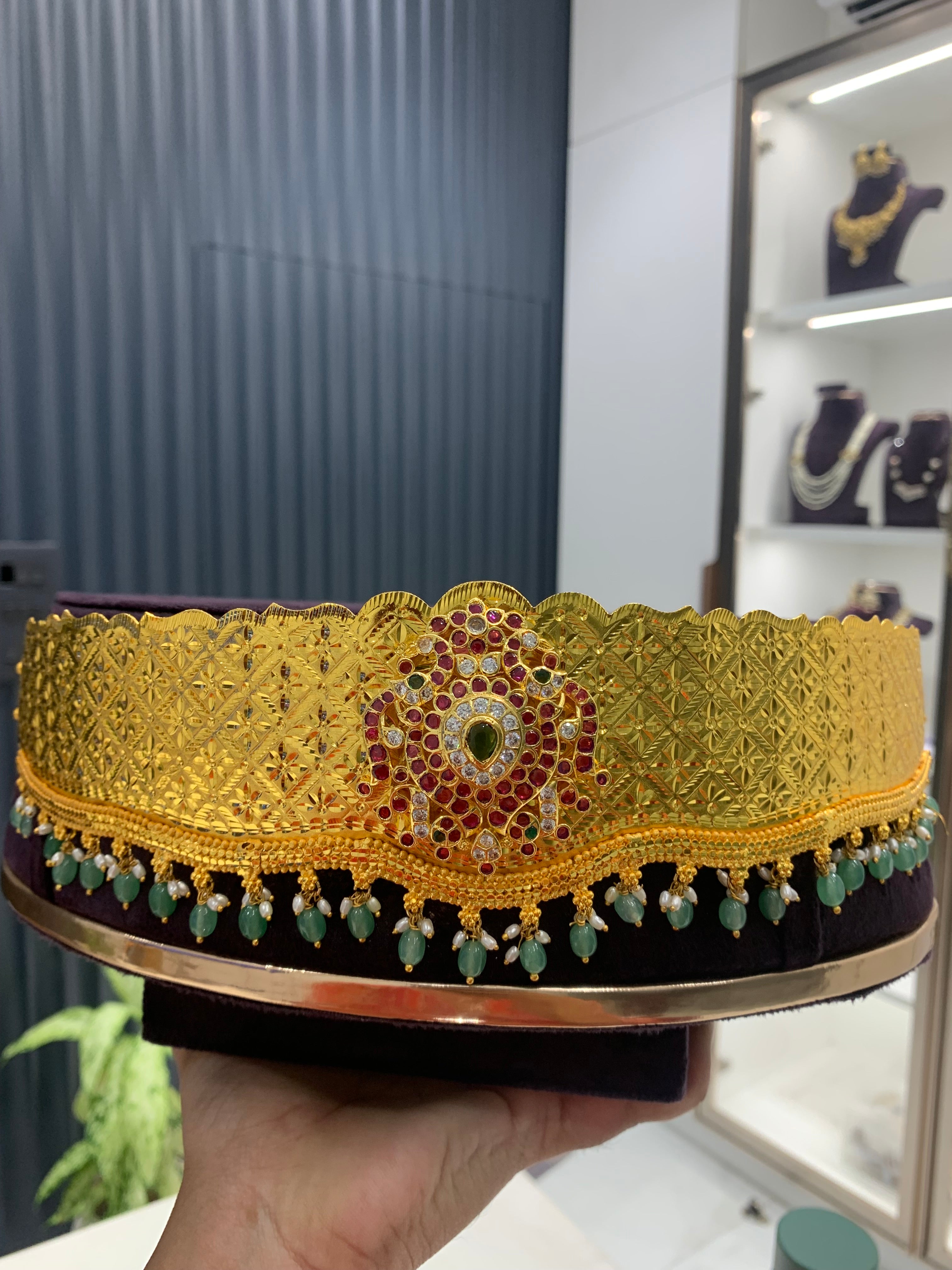 Beautiful customised adult vaddanam with green beads