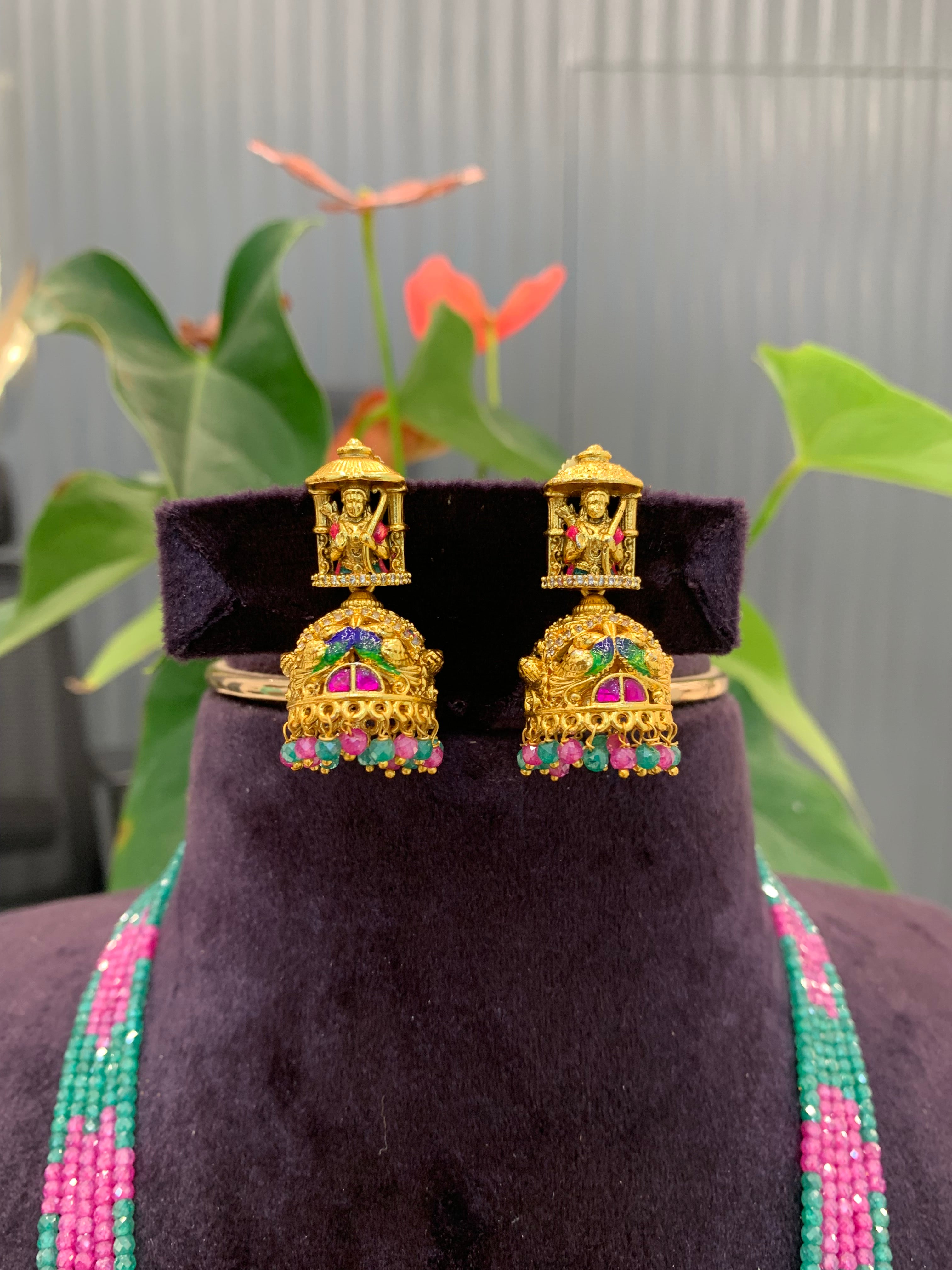 Beautiful Meenakari Nakshi Pendent set with 5 line premium cz crystal beads