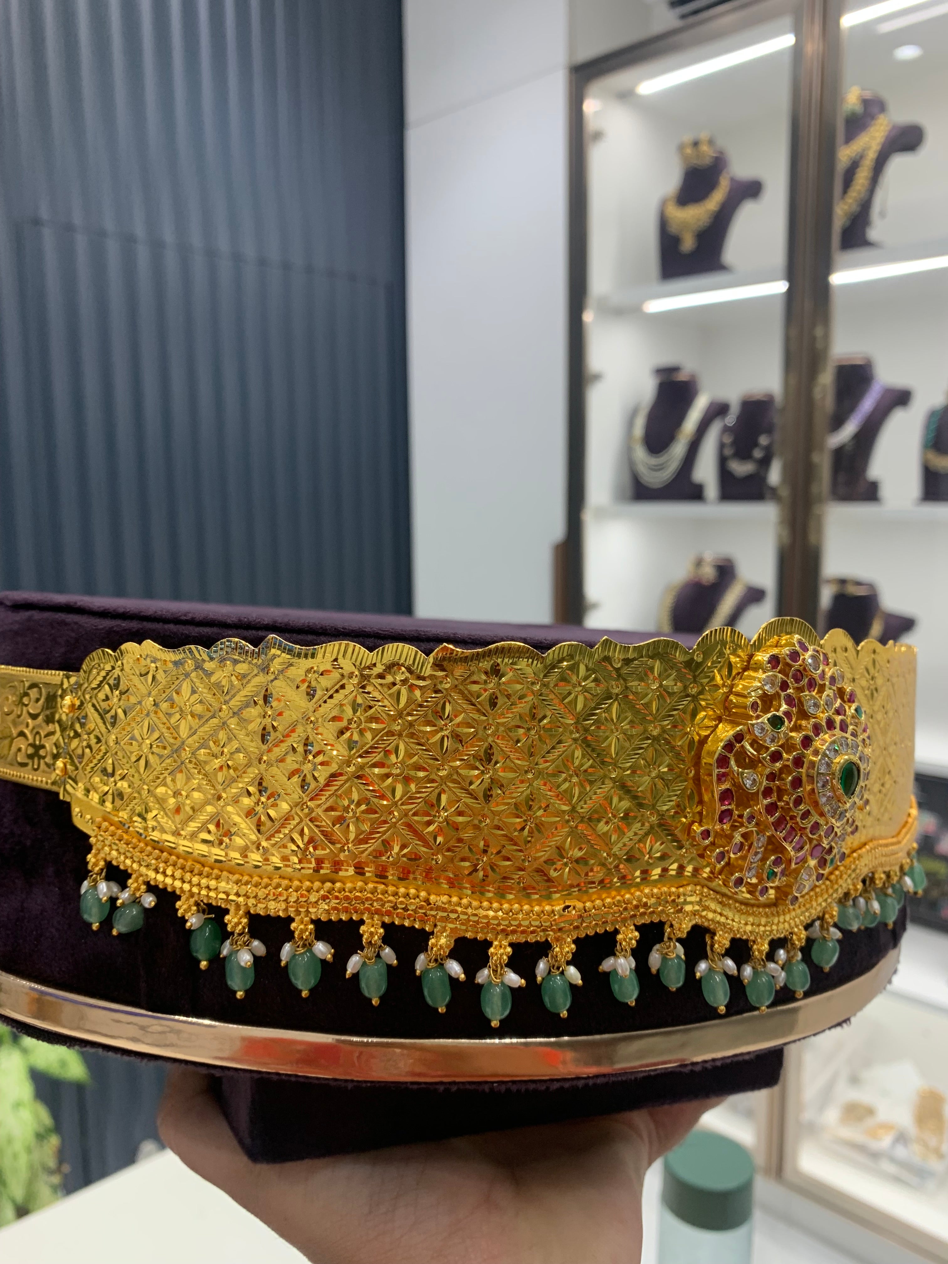 Beautiful customised adult vaddanam with green beads