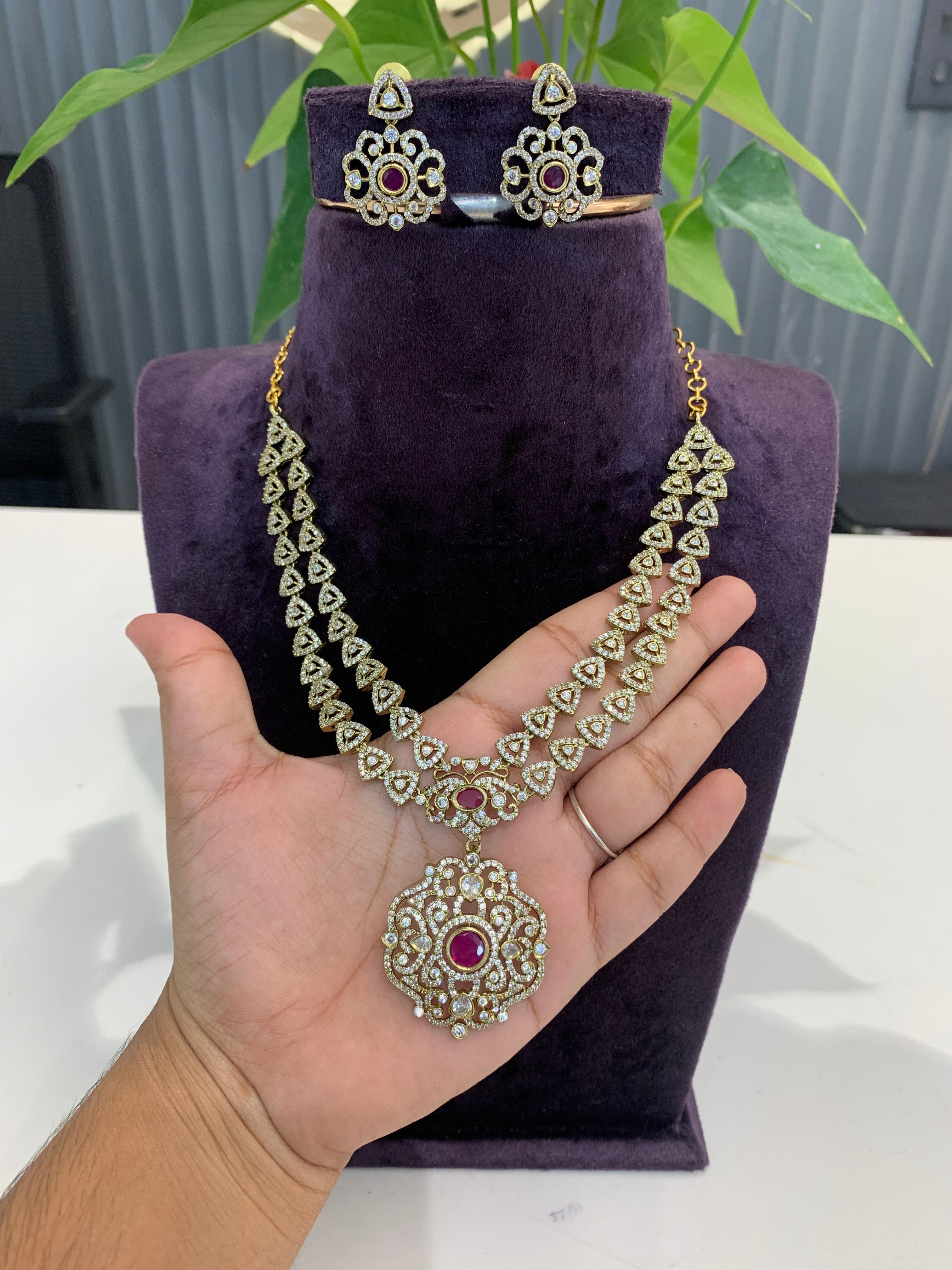 Beautiful mehandhi polish ruby stone double step necklace