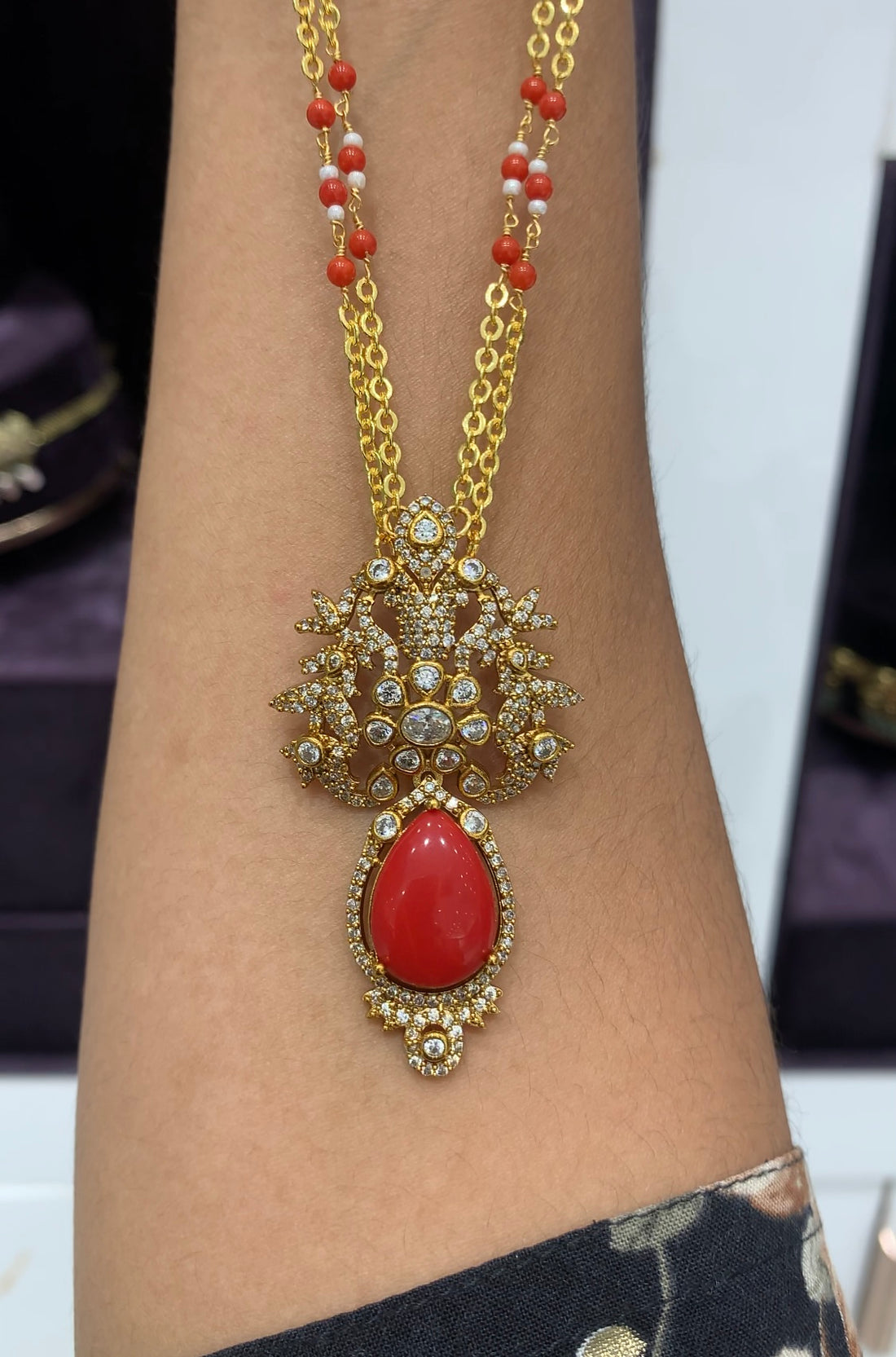 Beautiful coral stone locket set with coral beads handmade chain