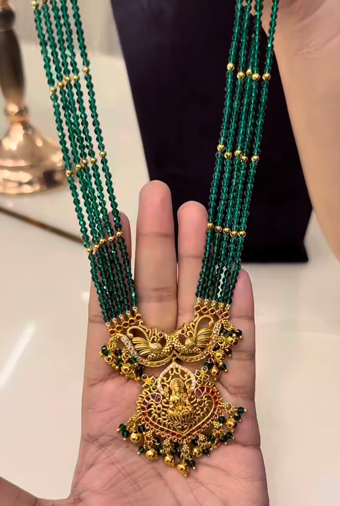 Beautiful Lakshmidevi Pendent With Customised 5 line Green crystal Beads set