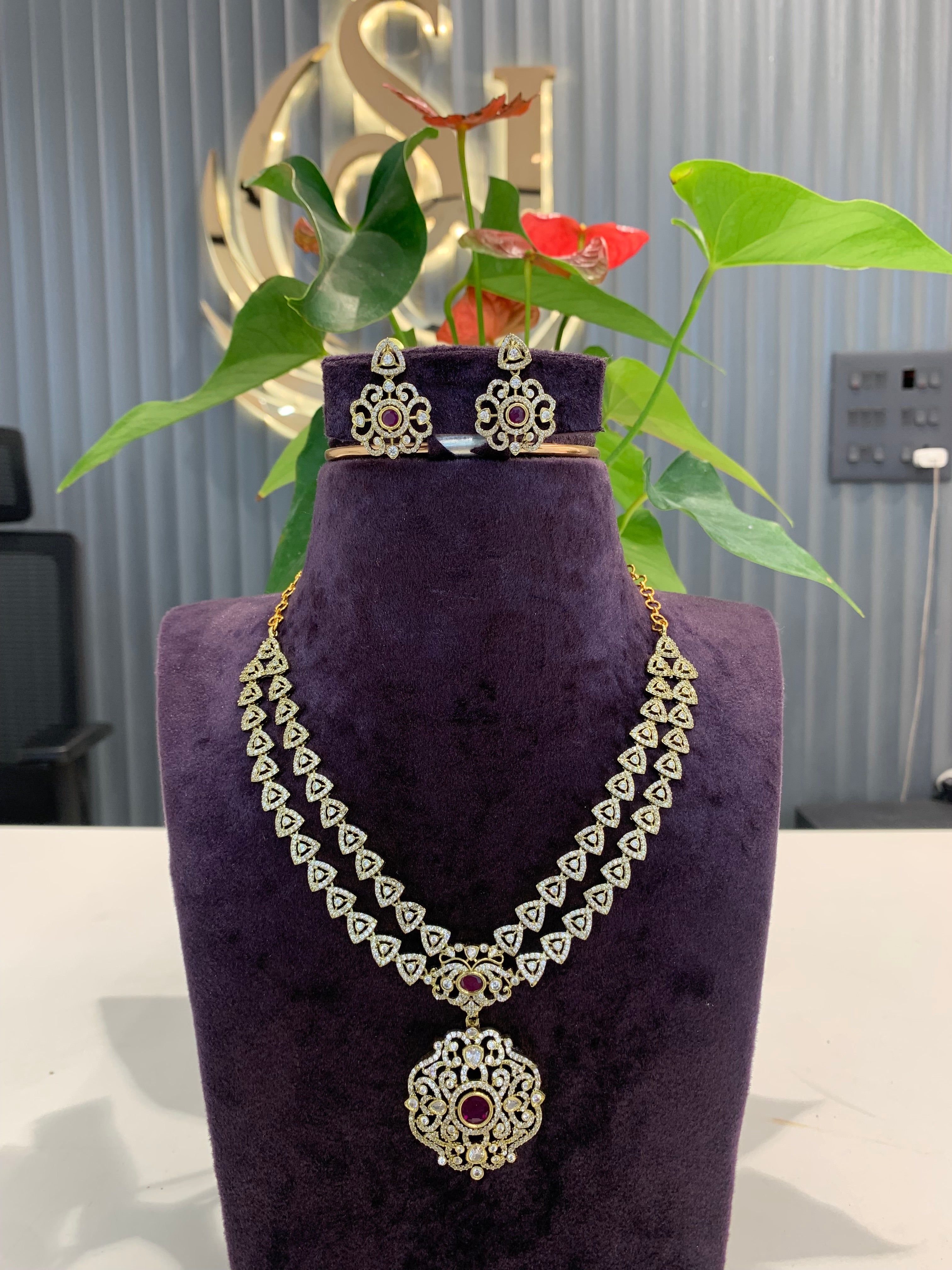 Beautiful mehandhi polish ruby stone double step necklace