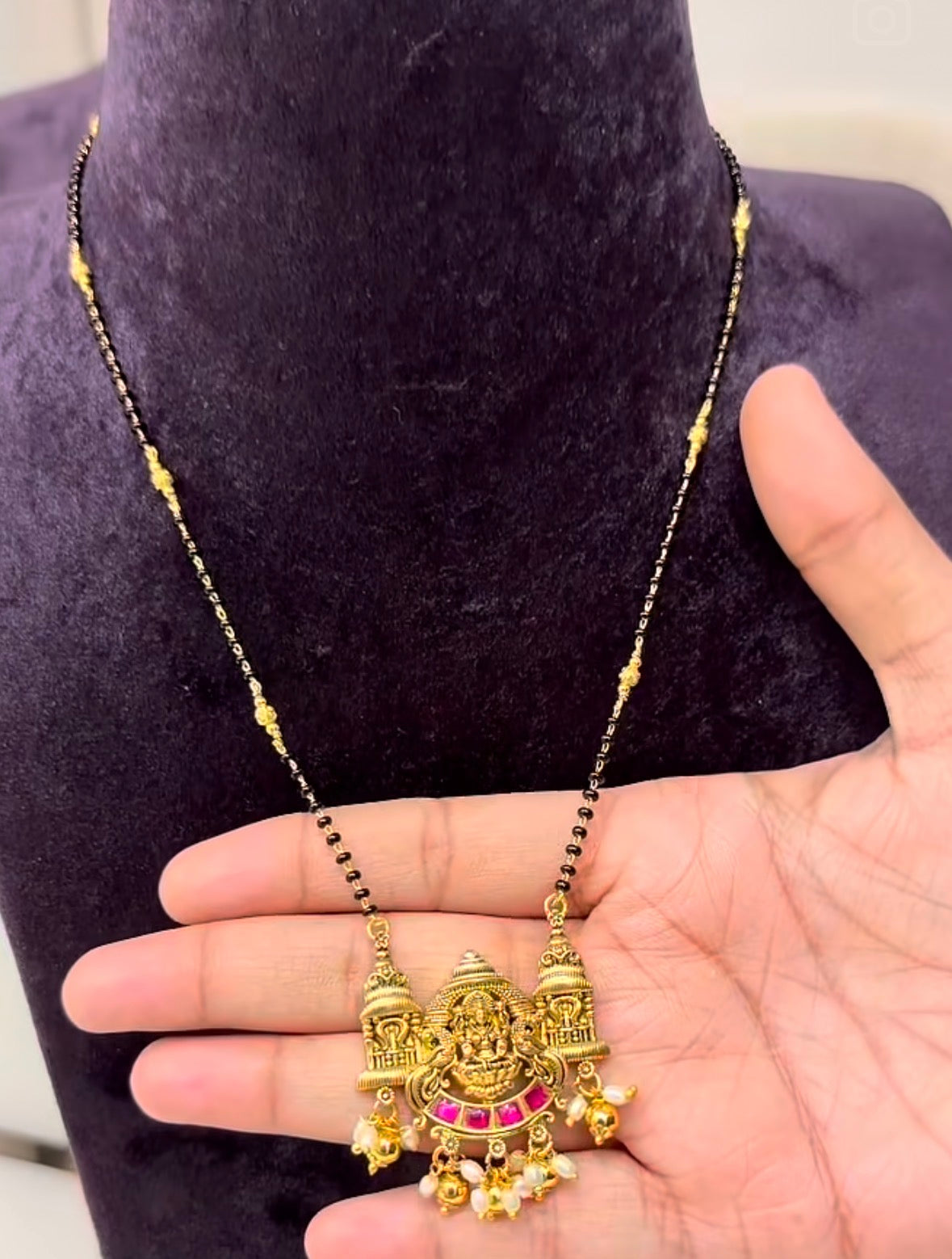 Beautiful Jadav Lakshmidevi Locket With Customised Blackbeads (18 inches)
