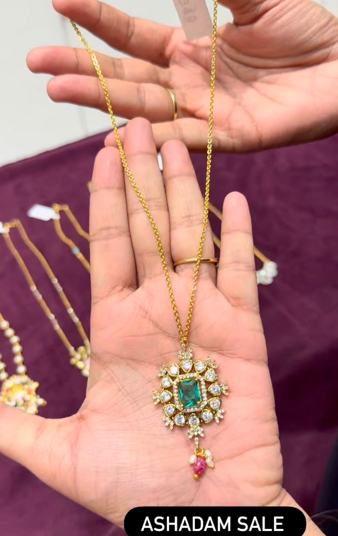 Beautiful Green stone Locket with Chandraharam Chain