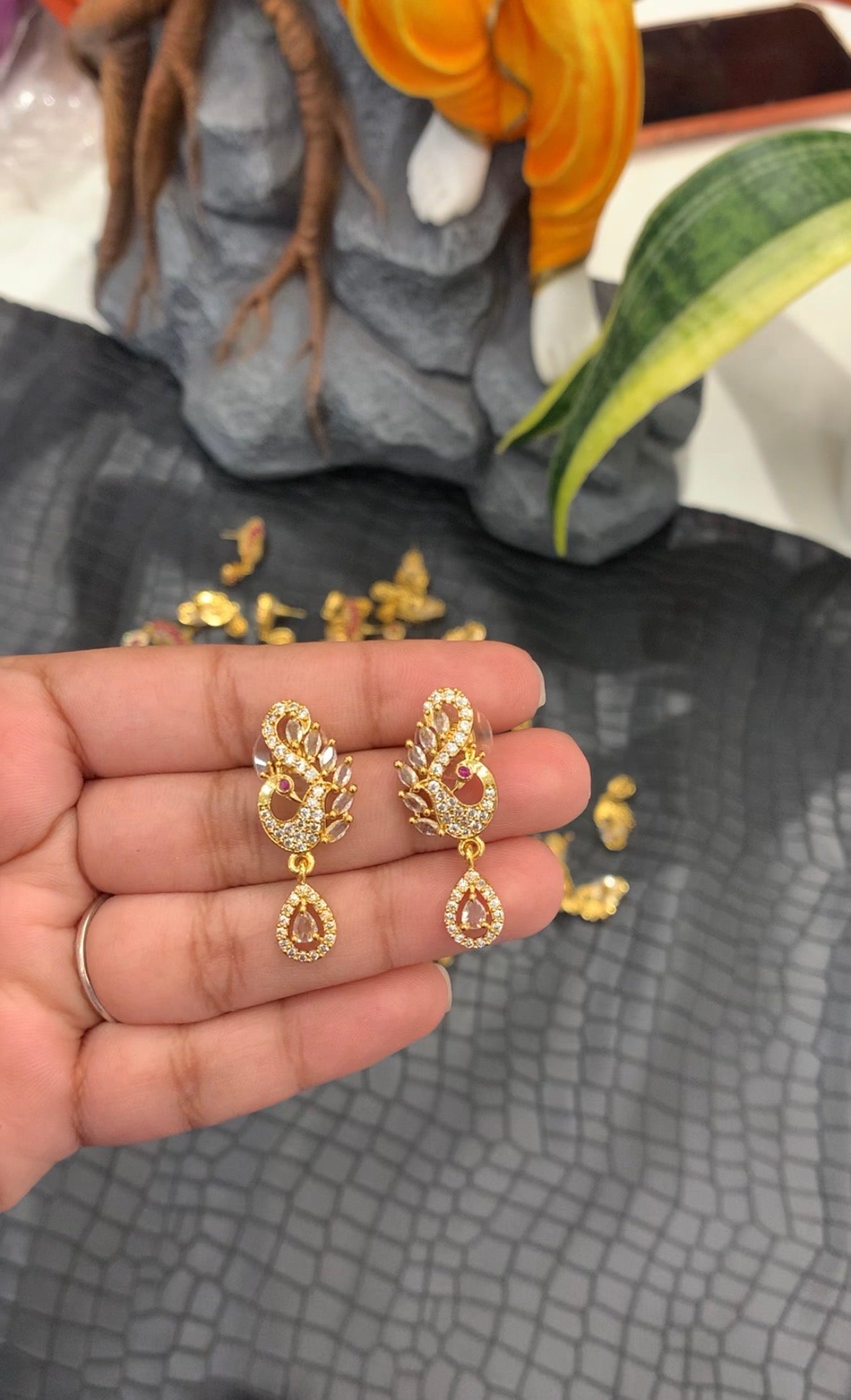 Beautiful peacock white stone earrings with pushback