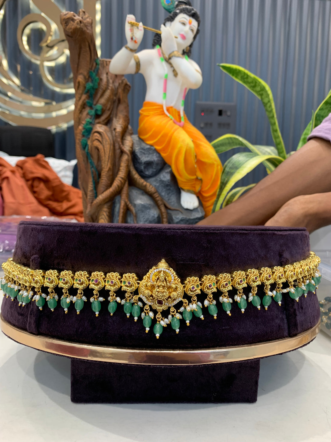 Beautiful Lakshmidevi Idol Chain Vaddanam With Green Beads