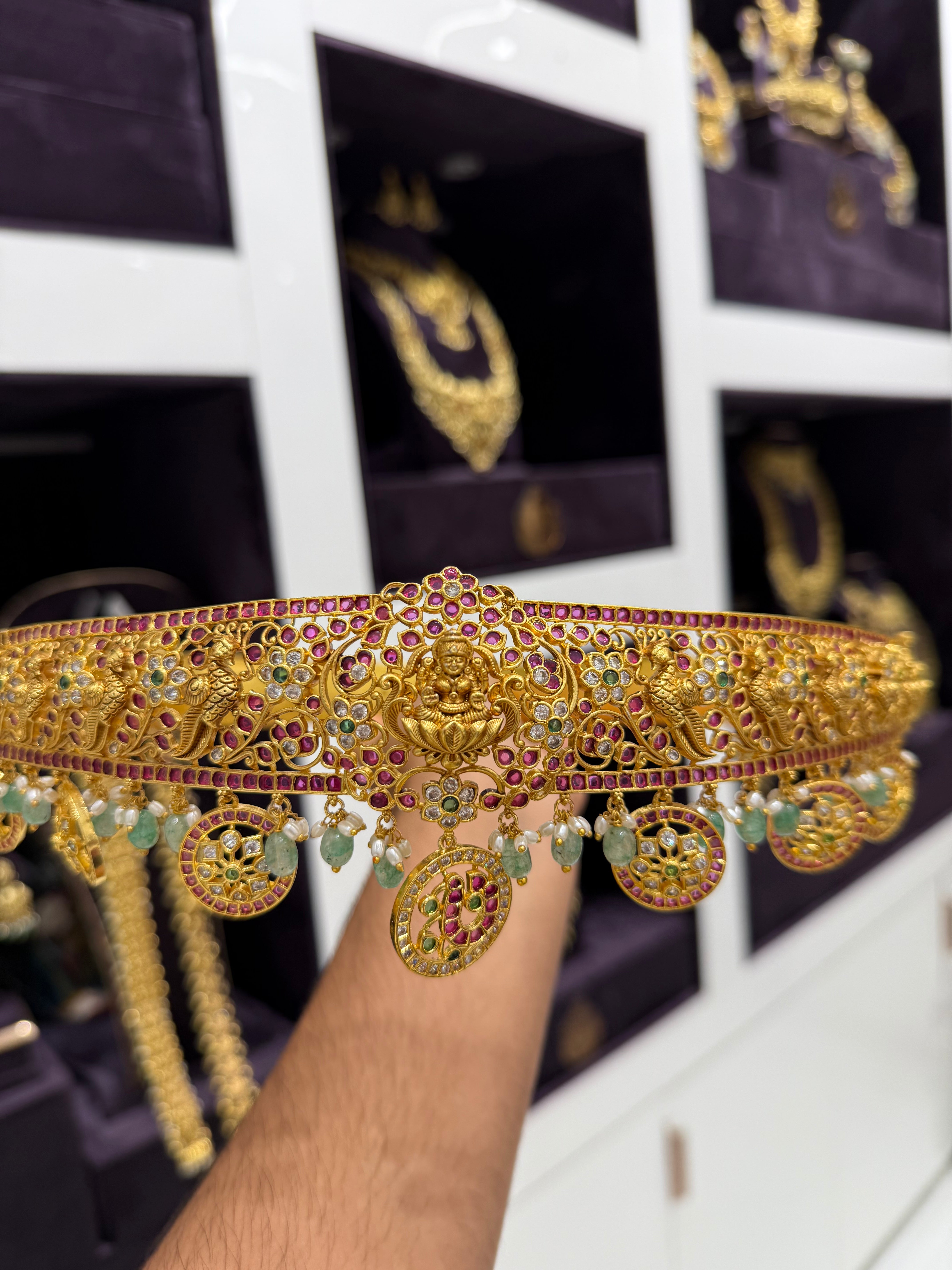 Beautiful customised adult vaddanam with green beads