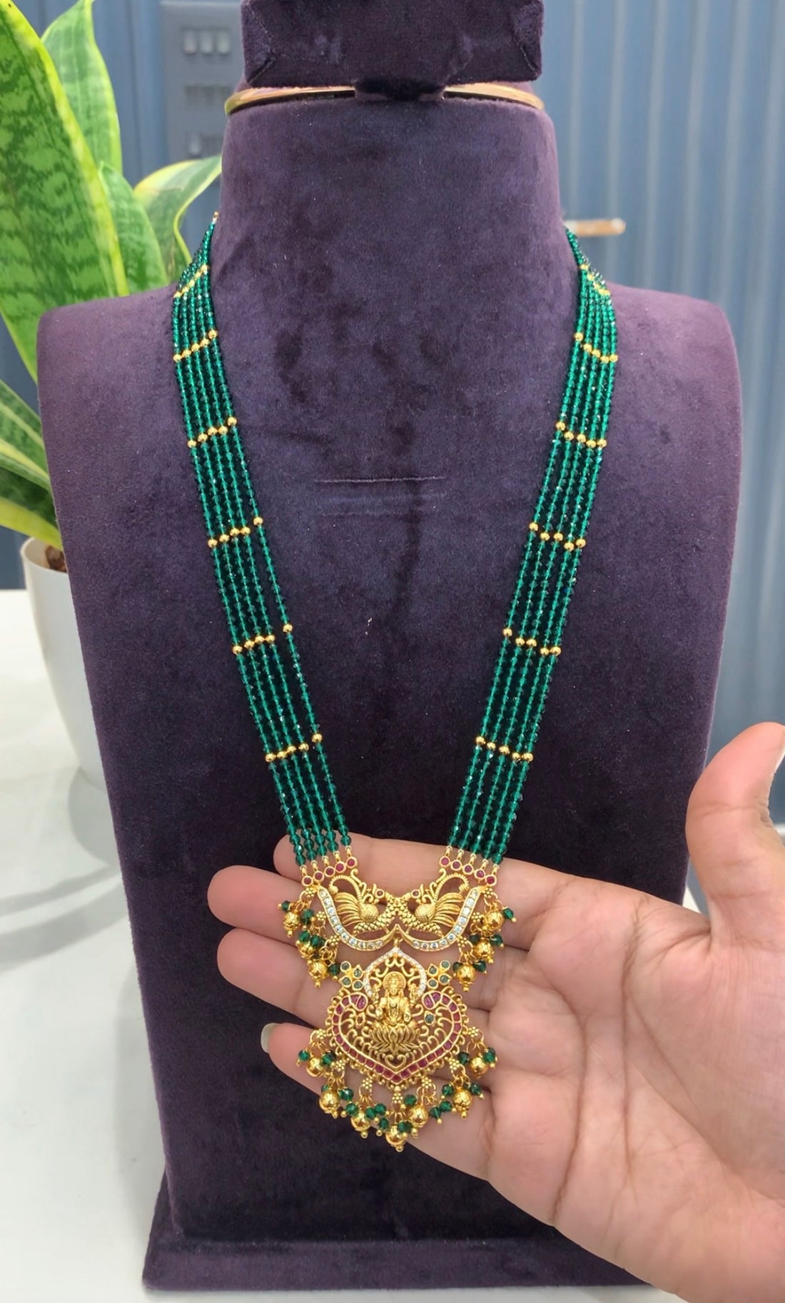 Beautiful Lakshmidevi Pendent With Customised 5 line Green crystal Beads set