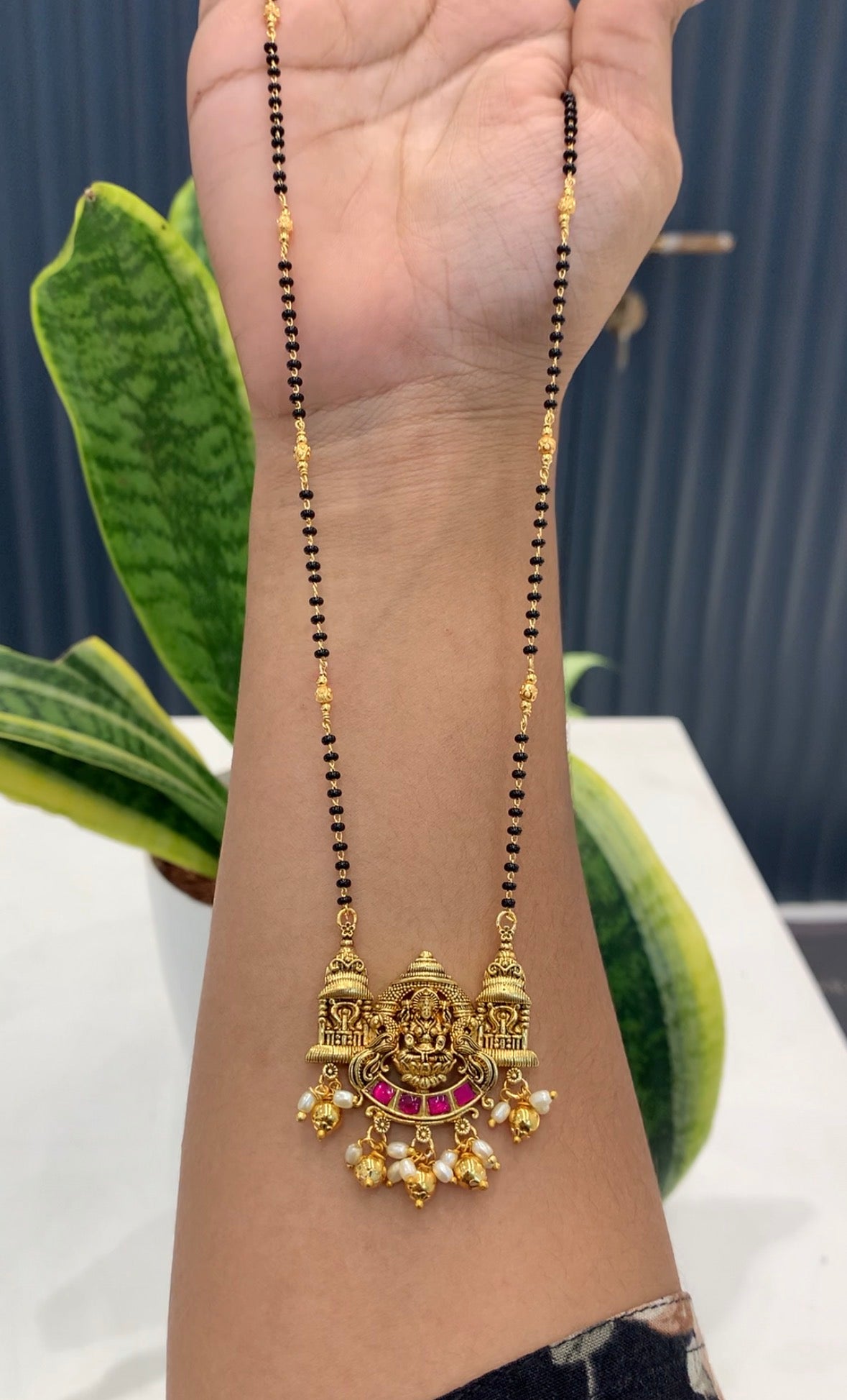 Beautiful Jadav Lakshmidevi Locket With Customised Blackbeads (18 inches)