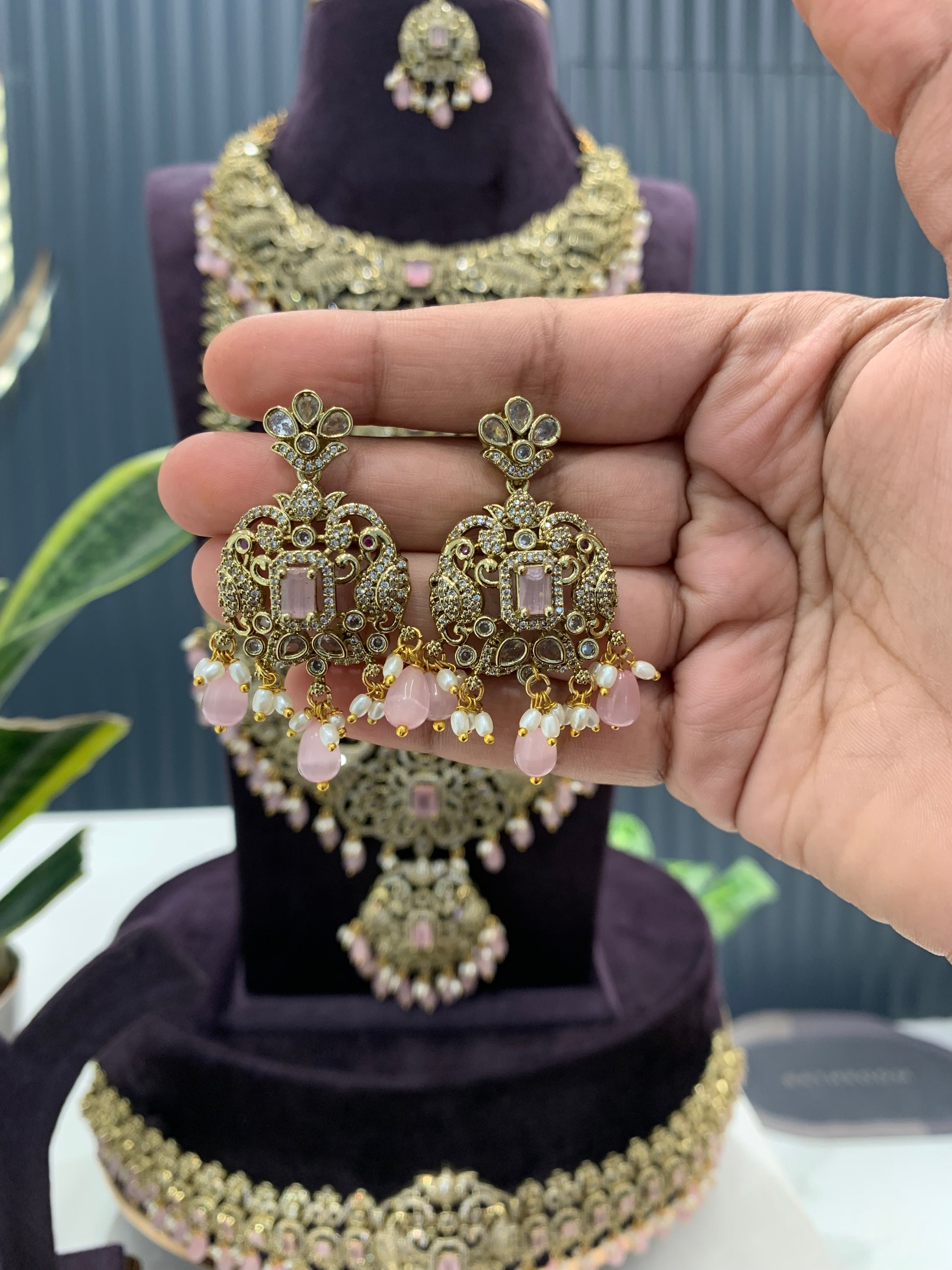 Beautiful Hevay Full Bridal Combo set Necklace Haram Vadanam Earrings and tikka
