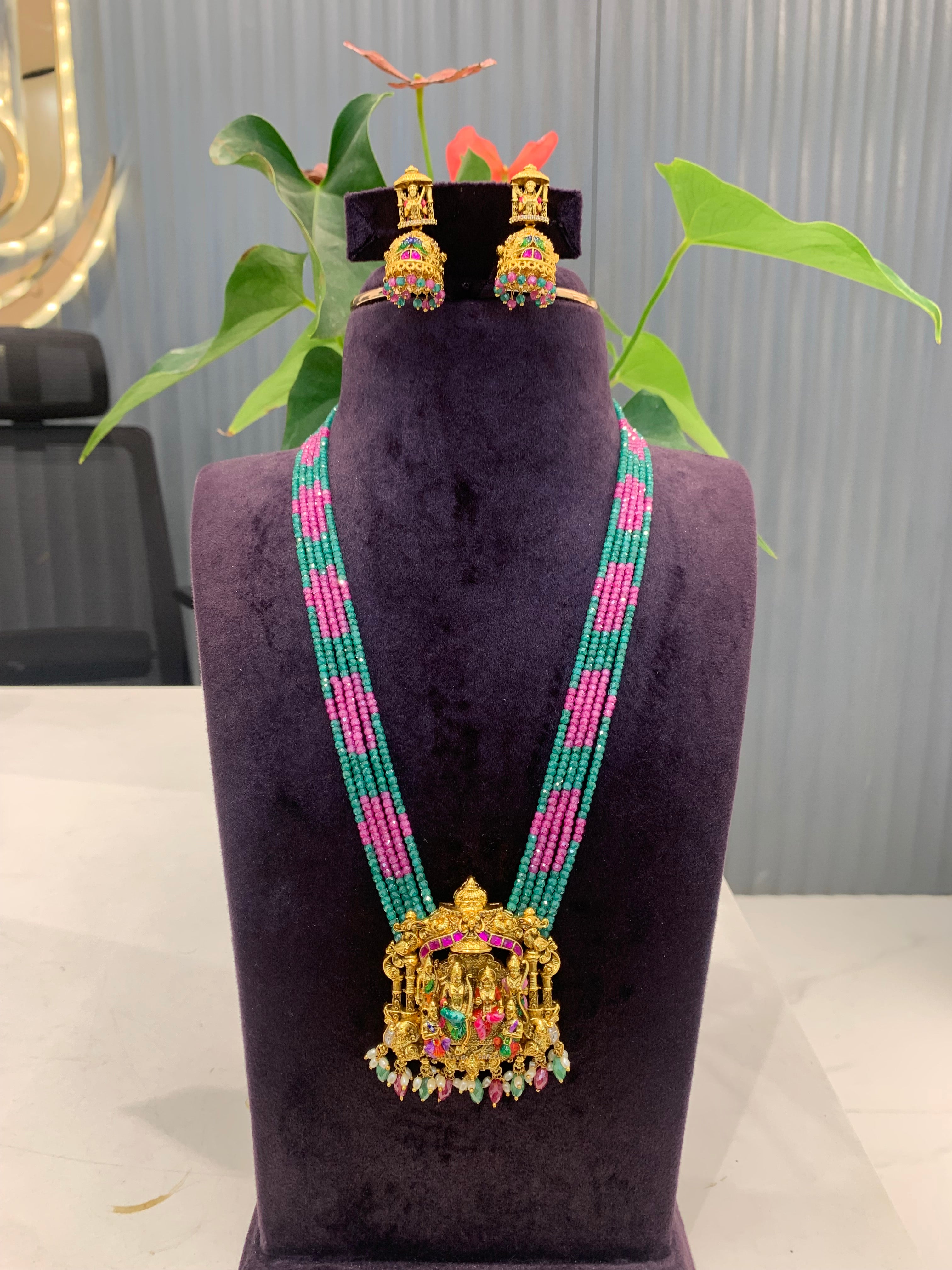 Beautiful Meenakari Nakshi Pendent set with 5 line premium cz crystal beads