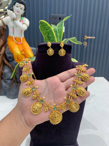 Beautiful Kasu Model Lakshmidevi Neck set with Pushback Earrings