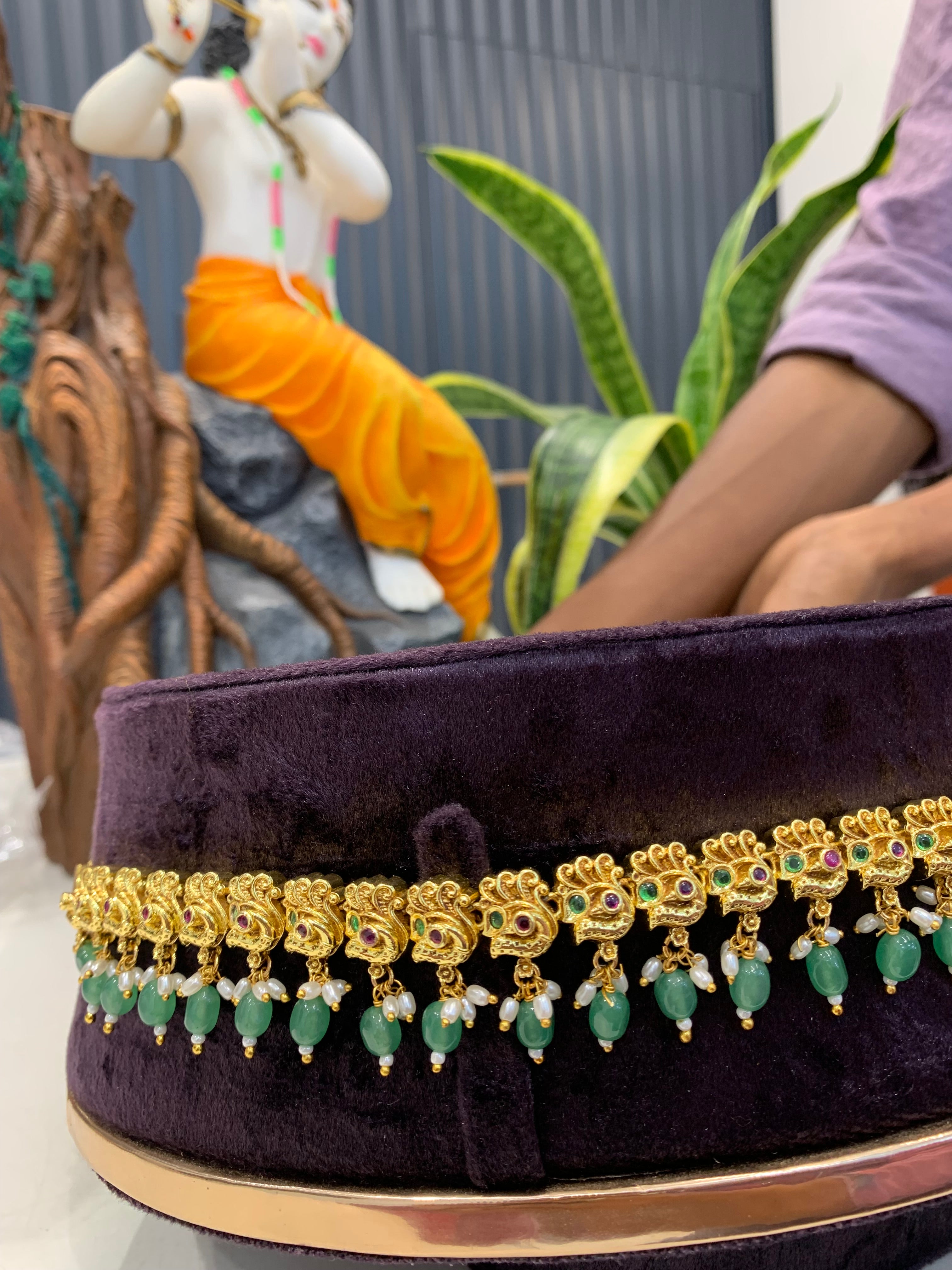 Beautiful Lakshmidevi Idol Chain Vaddanam With Green Beads