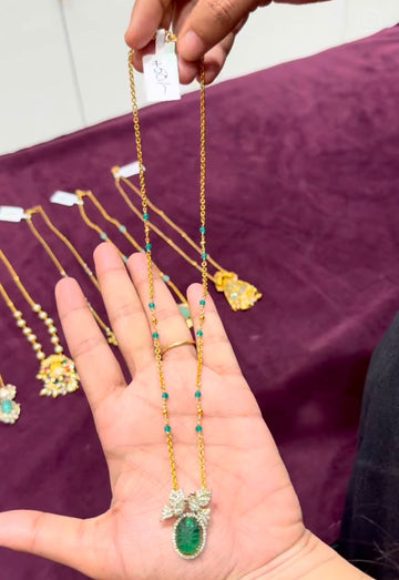 Beautiful Green Carving Stone With Customised Chandraharam Chain