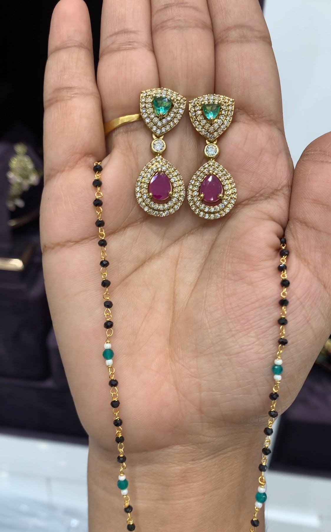 Beautiful Daimond replica locket set with Black beads