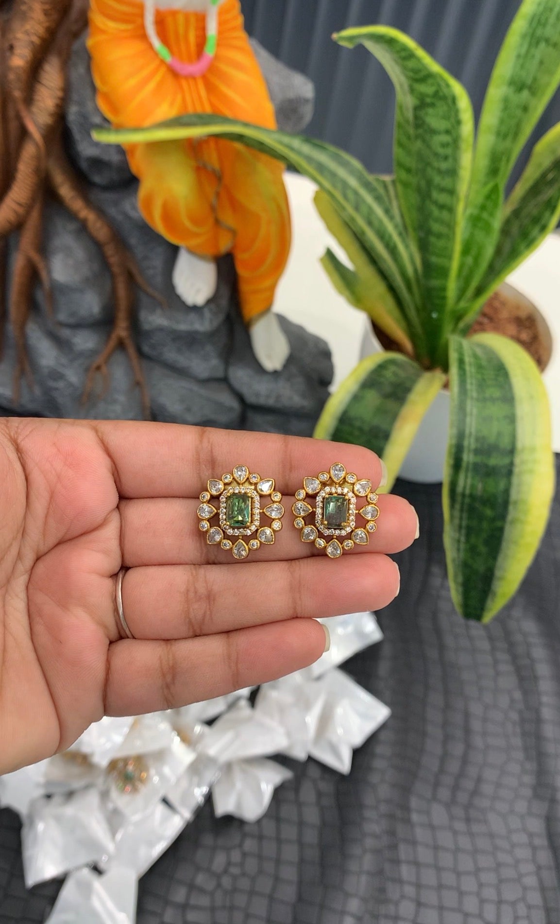 Beautiful green stone studs with pushback