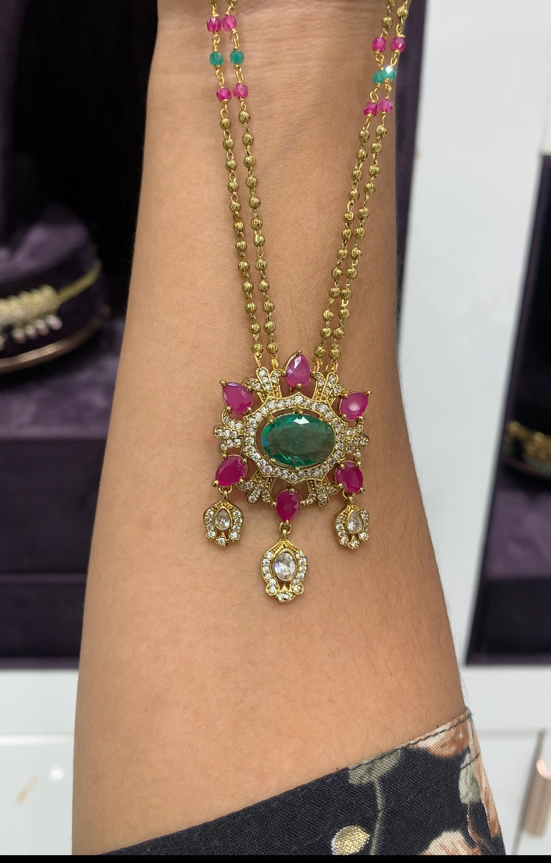 Beautiful Multi stone locket with gold ball chain