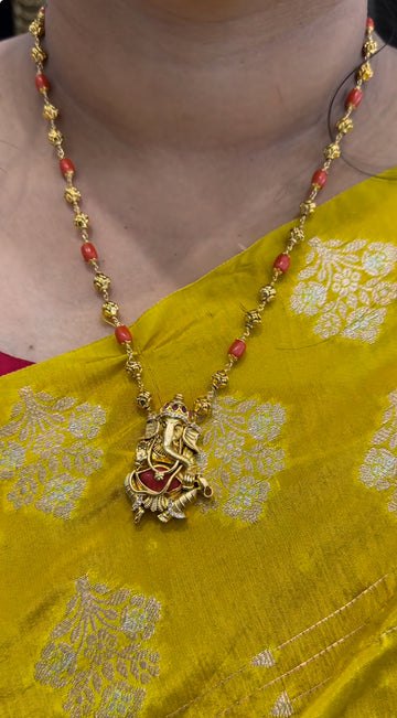 Cute coral ganesh pendant chain