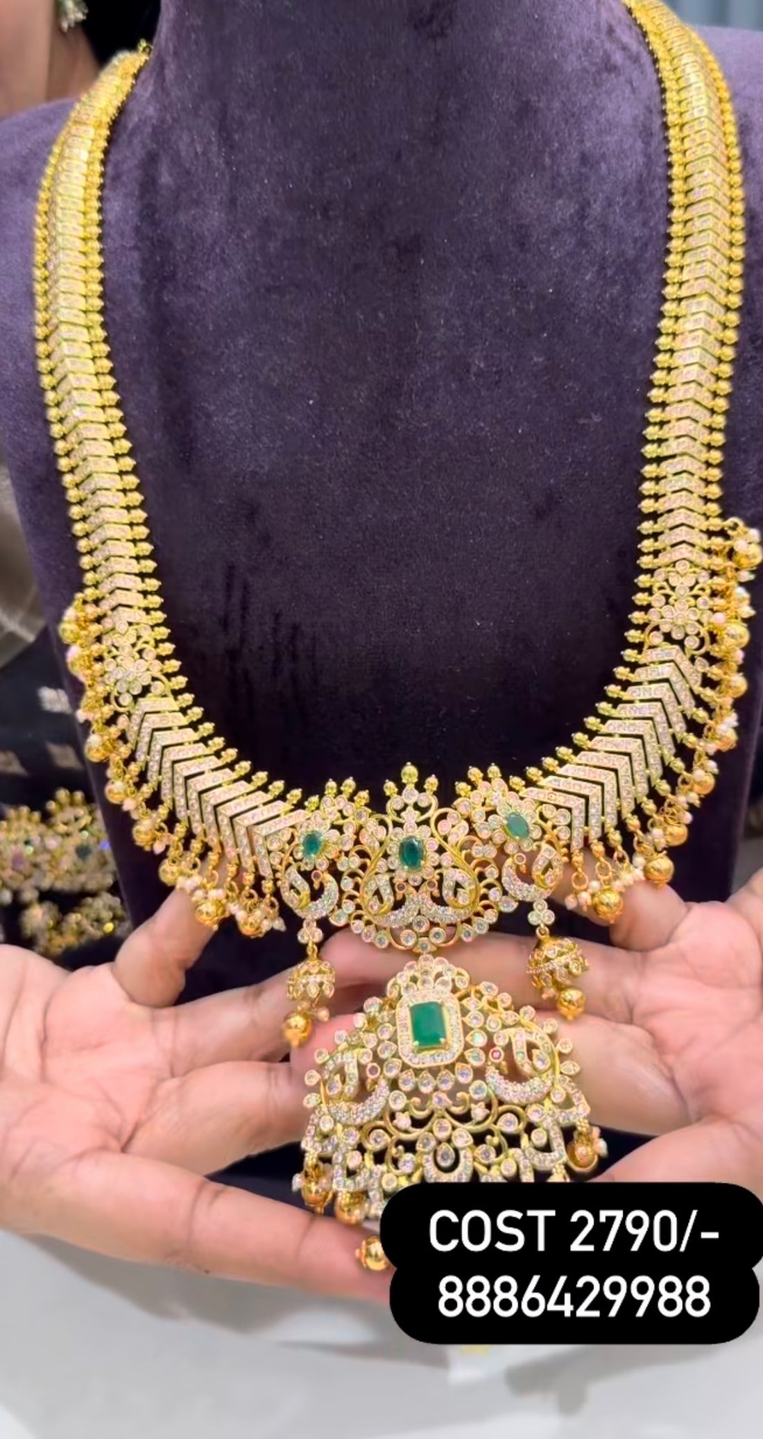 Beautiful customised jilebi pattern green stone long haram