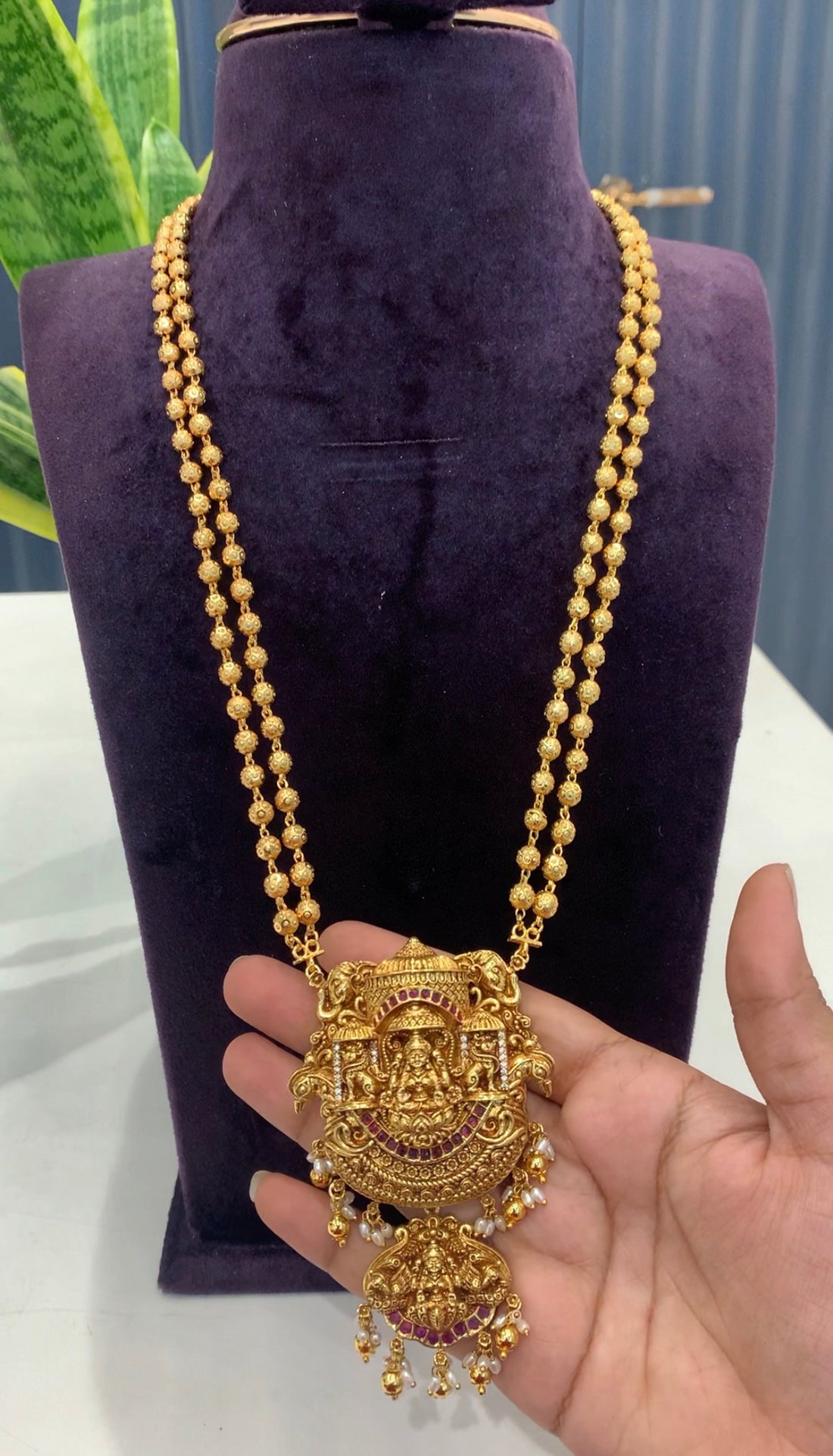 Beautiful Lakshmidevi Pendent With 4mm Gold Ball chain