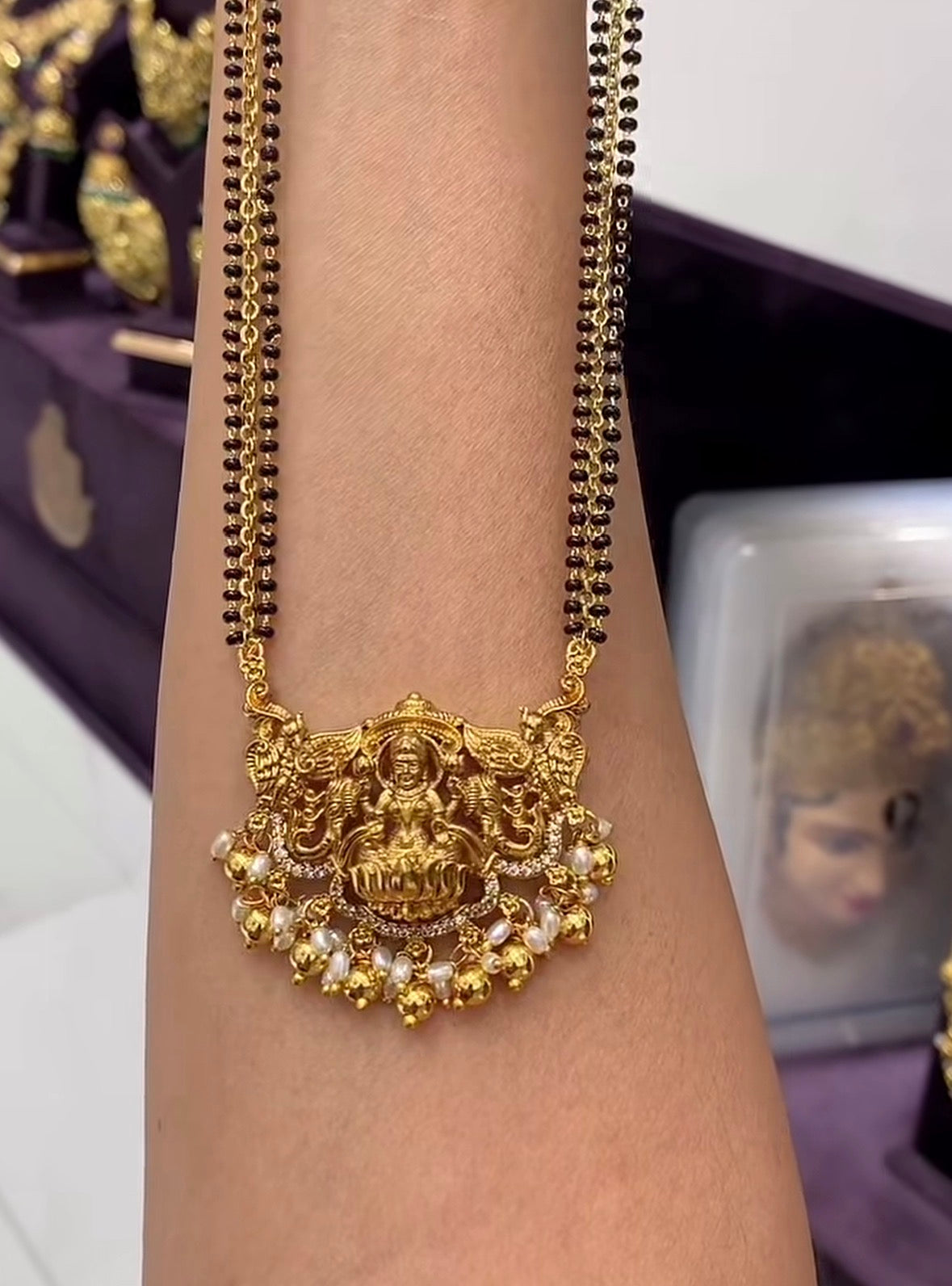 Beautiful Lakshmidevi Locket With Customised 24inches Blackbeads
