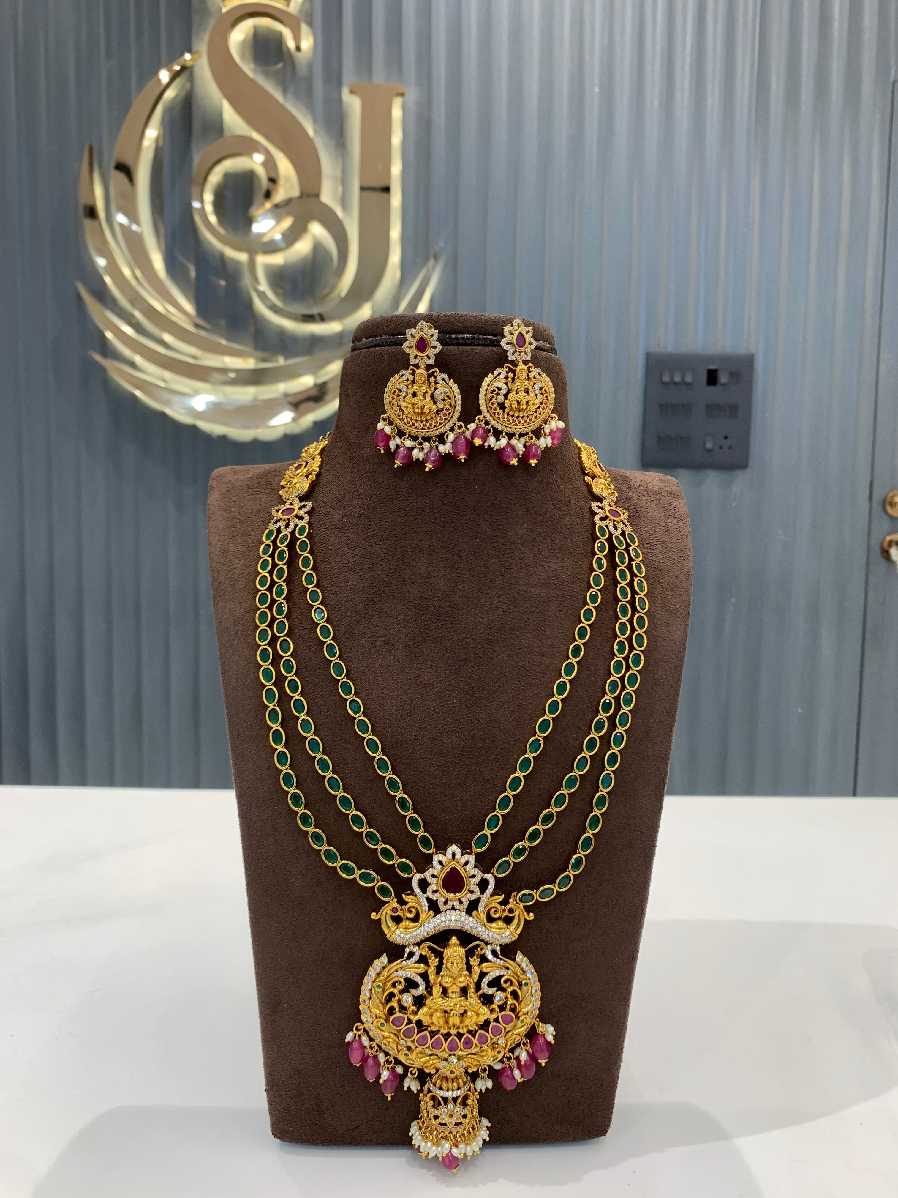 Beautiful green stone 3D long haram with 3 layers