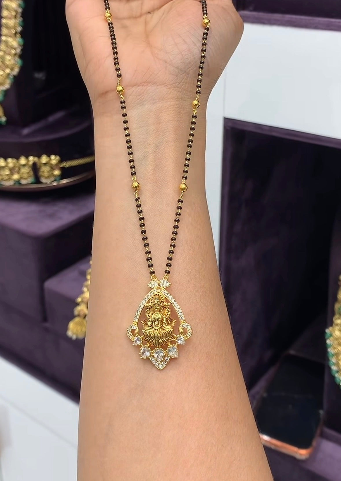 Beautiful Lakshmidevi Locket with stylish Blackbeads (18inches)
