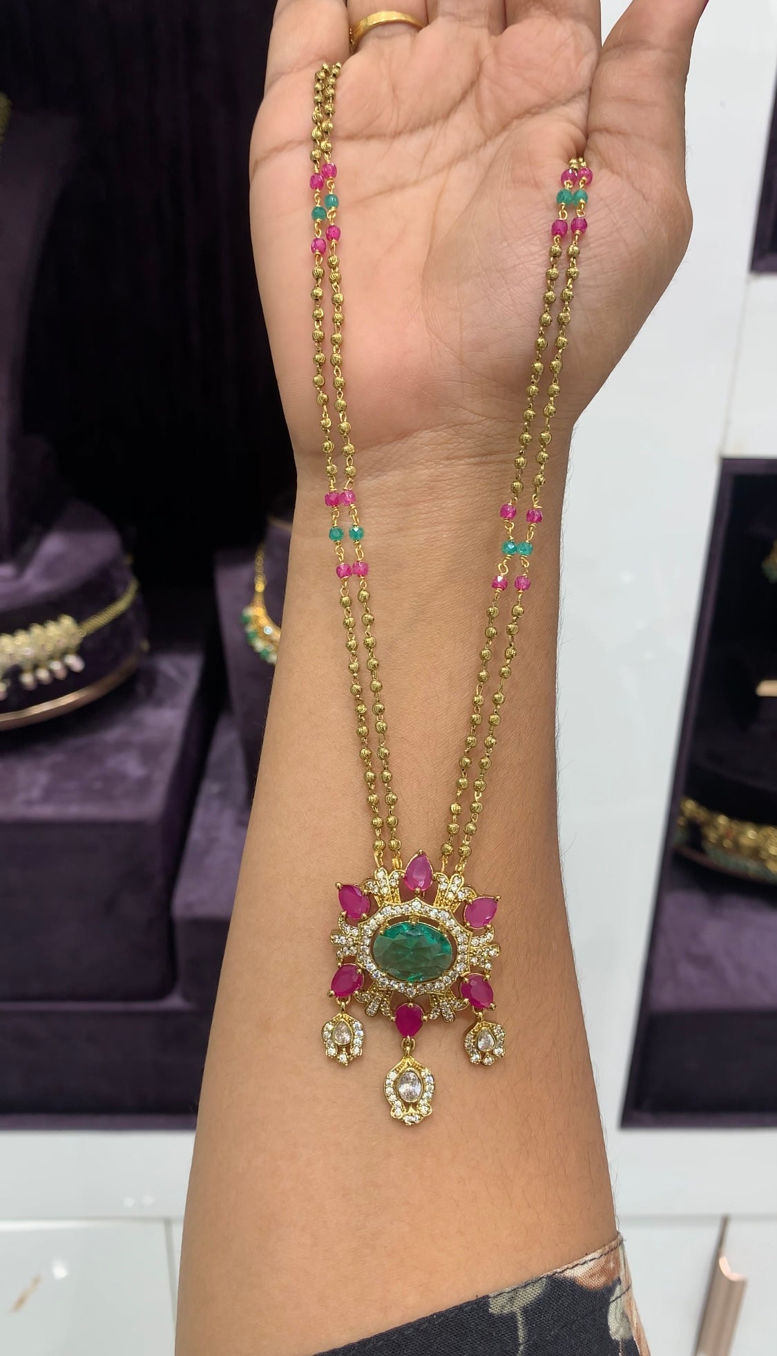 Beautiful Multi stone locket with gold ball chain