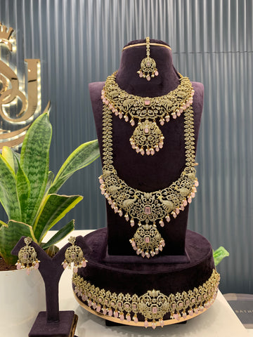 Beautiful Hevay Full Bridal Combo set Necklace Haram Vadanam Earrings and tikka