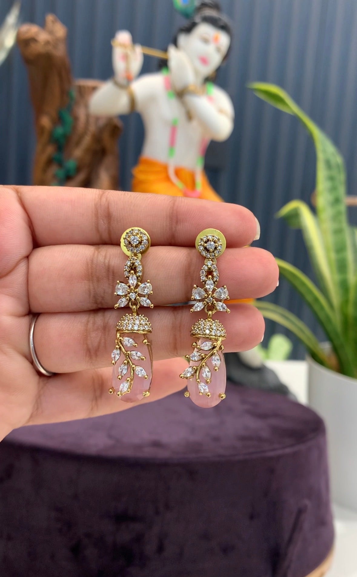 Beautiful gold replica baby pink stone earrings