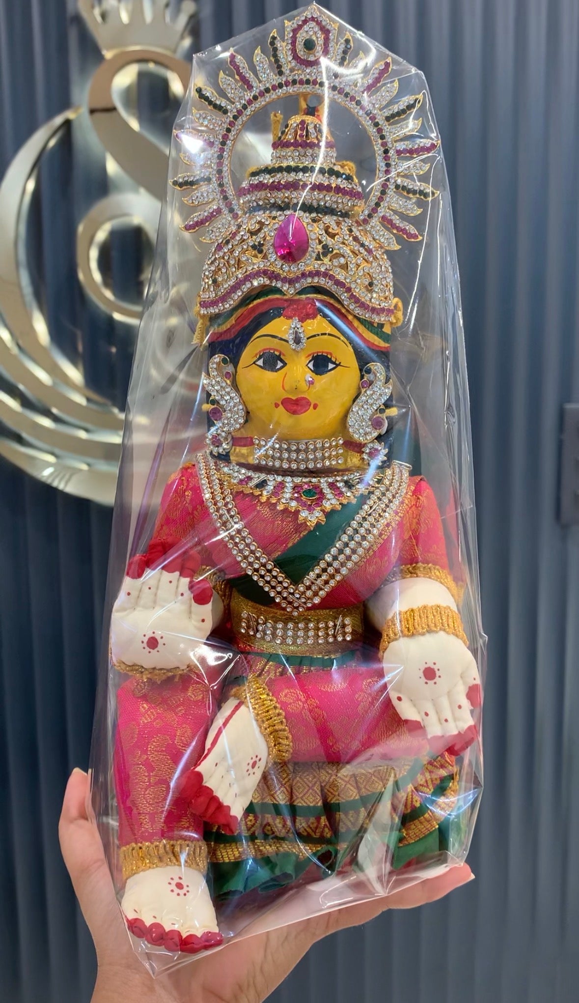 Beautiful pink green colour ammavari idol height 13 inchs with face width 6inchs